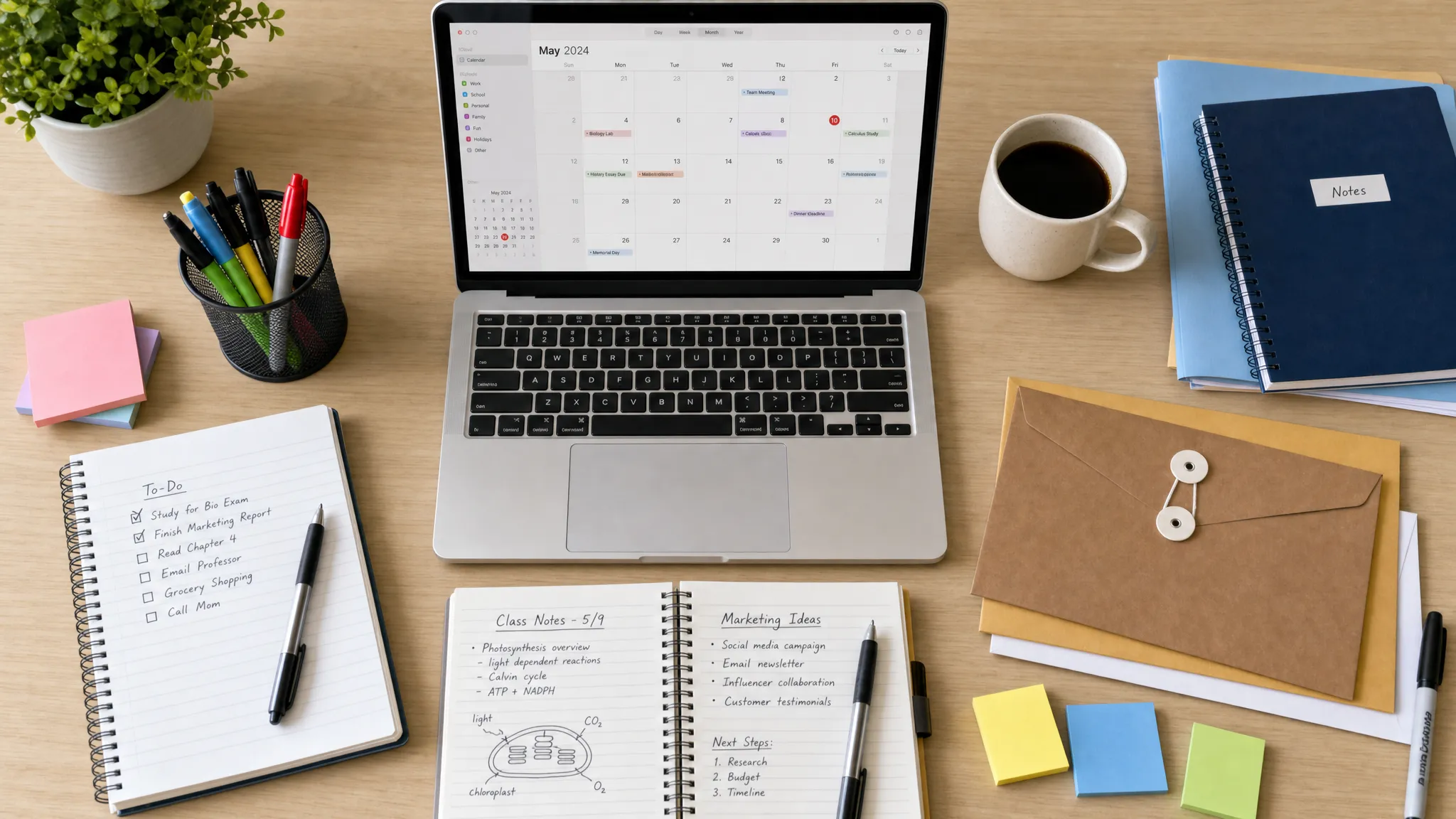 A tidy overhead desk arrangement with notebooks, pens, sticky notes, folders, envelopes, and a laptop facing the camera, set up for school and office planning.