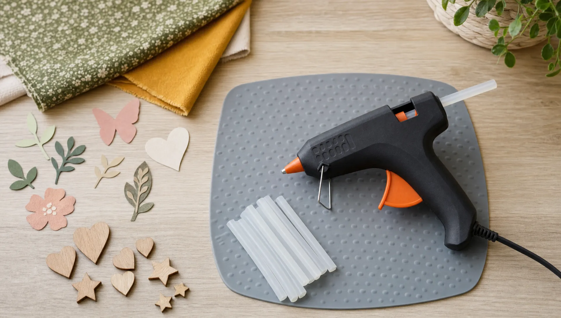 A glue gun rests on a heat-resistant mat beside glue sticks, paper cutouts, fabric scraps and small wooden shapes.