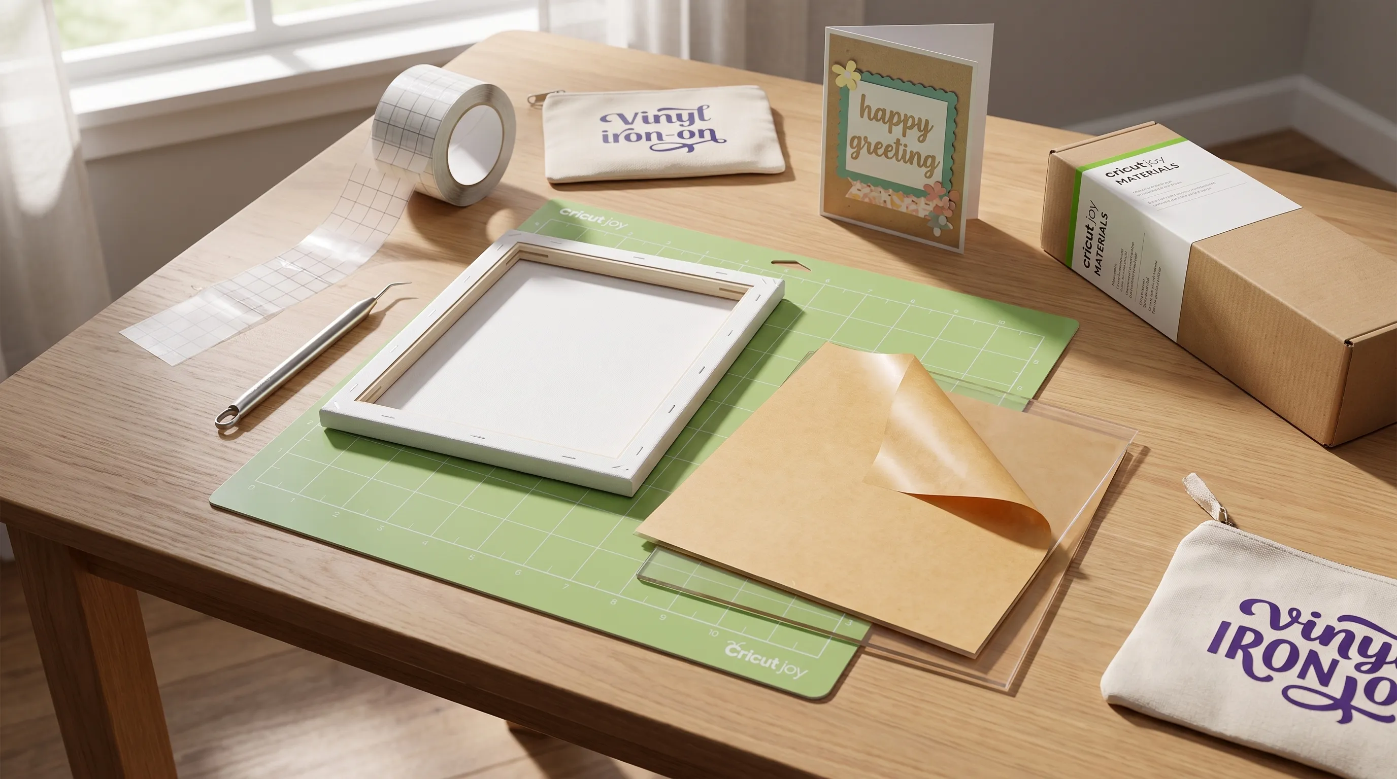Beginner Cricut Joy materials are arranged on a craft table beside a small cutting mat, transfer tape and a weeding tool, with a labelled box, greeting card and fabric pouch nearby.