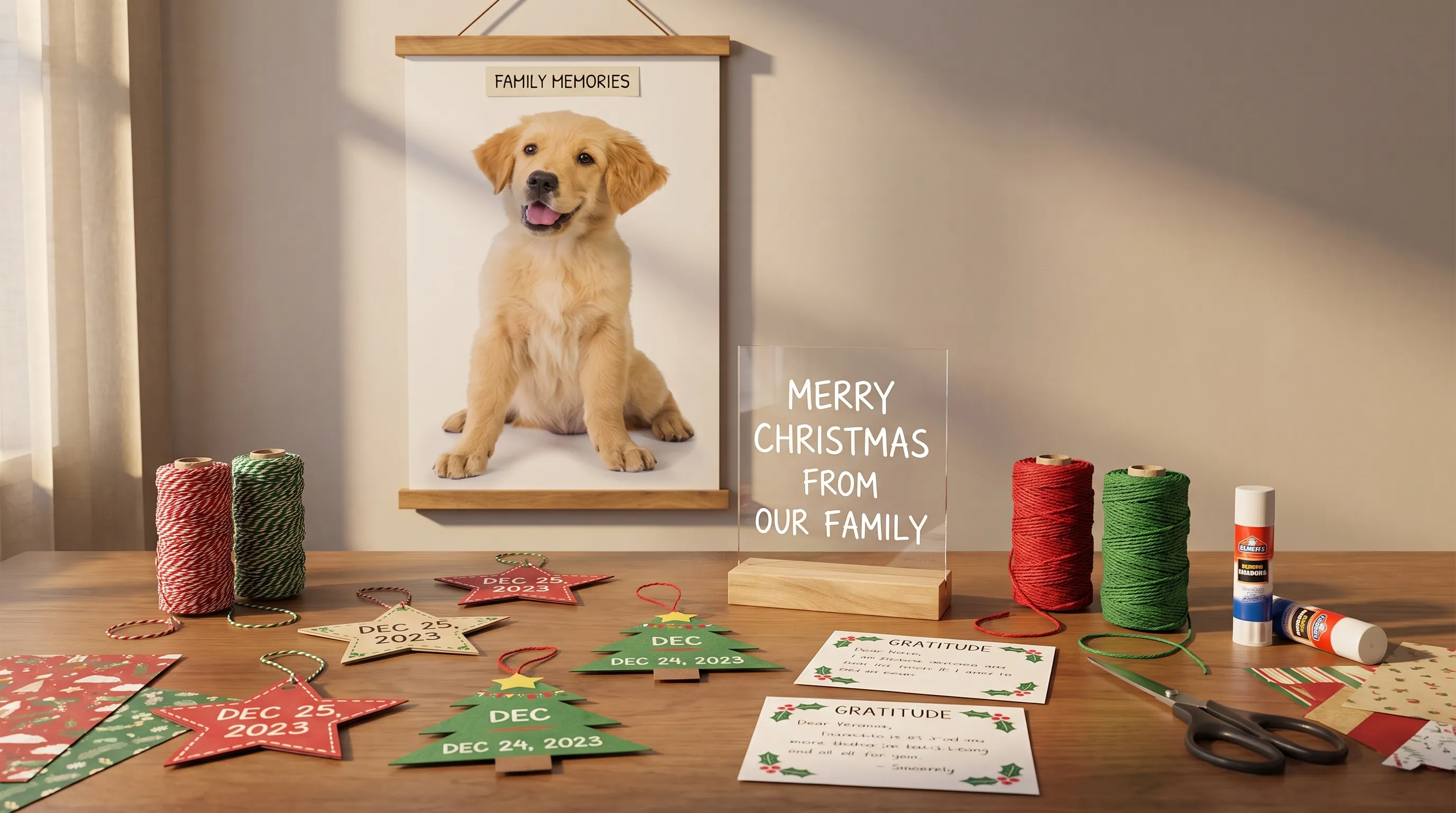 Handmade Christmas decorations sit on a craft table, including dated paper ornaments, gratitude cards, a family memory poster in wooden bars, and a clear acrylic message panel.