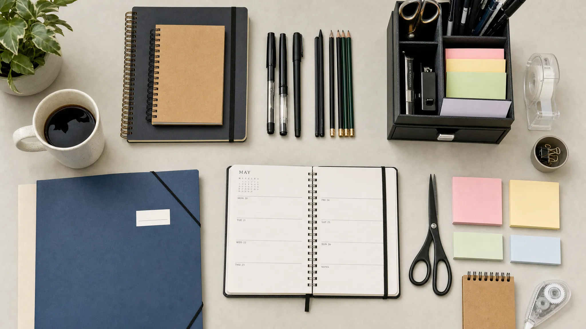 A neatly arranged stationery layout with notebooks, pens, pencils, folders, sticky notes, a planner, scissors, tape, and a desk organizer spread across a clean tabletop, viewed from overhead.