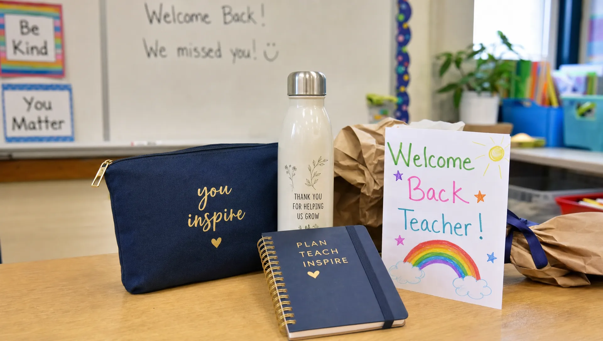 A modest selection of welcome back teacher gifts on a classroom desk, including a zipped pencil pouch, a small notebook, a reusable bottle and a child-made welcome card beside simple paper wrapping.