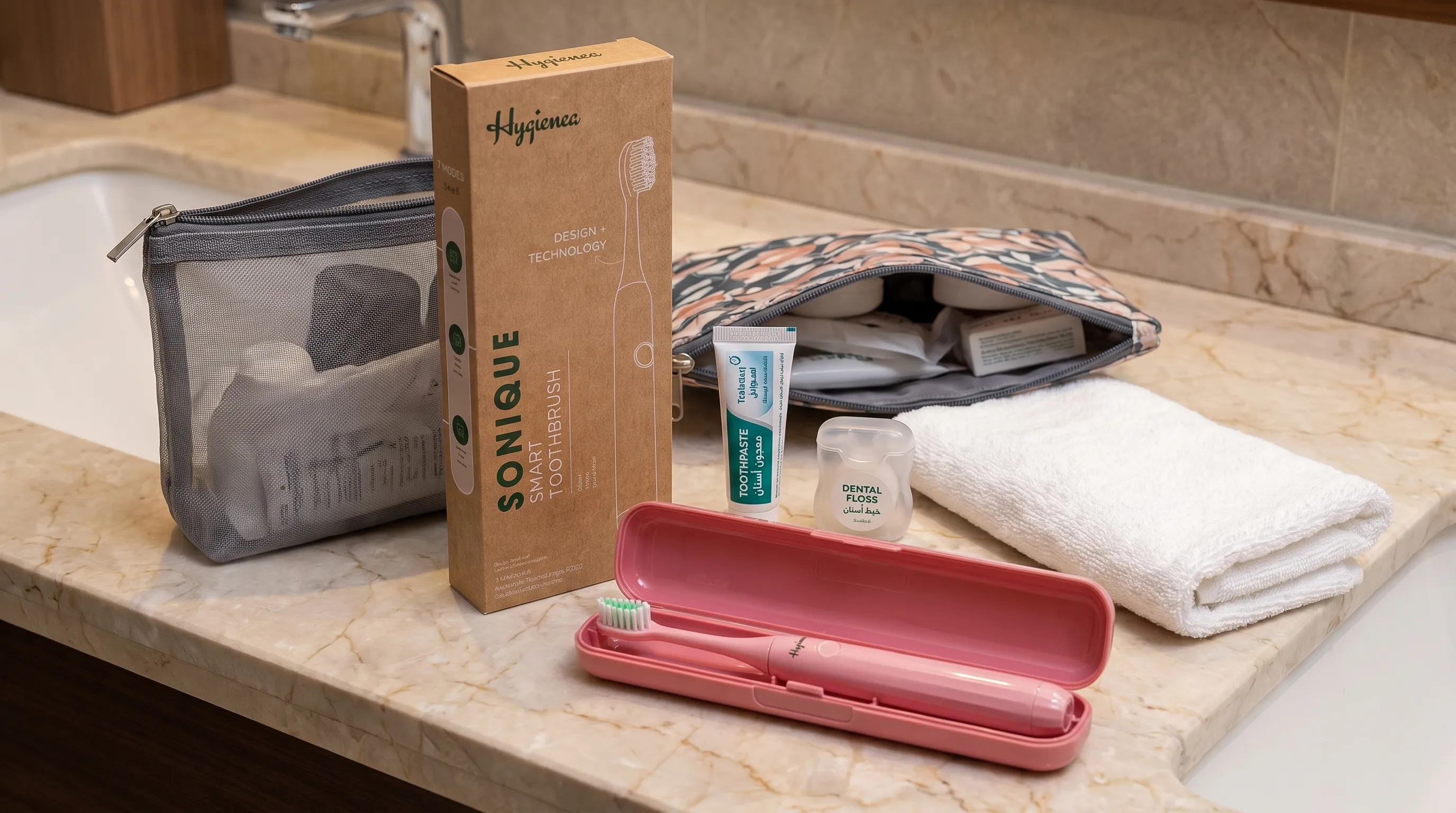 A travel toiletry kit on a bathroom counter with a toothbrush, toothpaste, floss, a small towel and separate personal-care pouches.