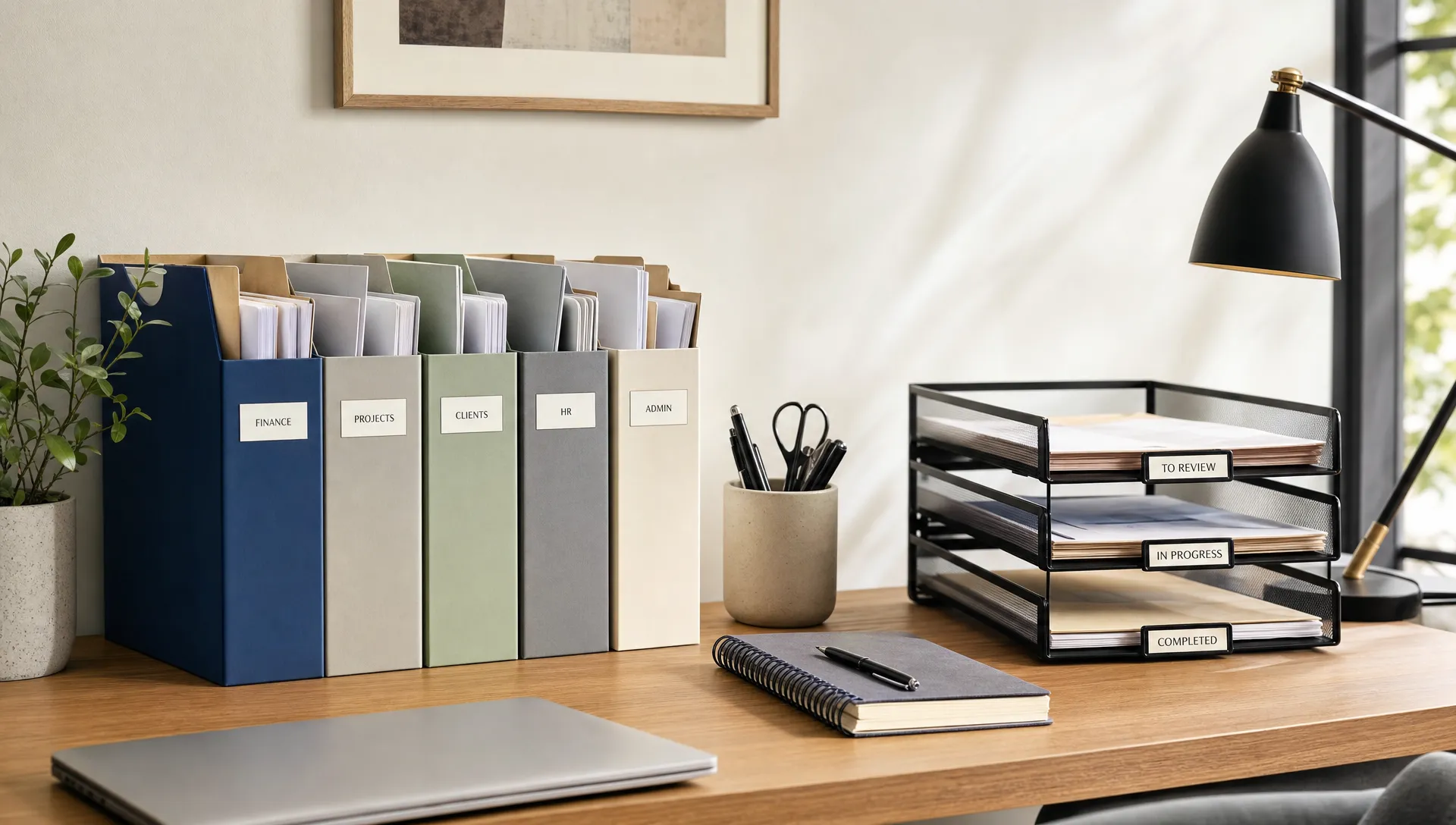 A neat home office desk with decorative file folders upright beside a notebook, pen holder and loose papers sorted into categories.