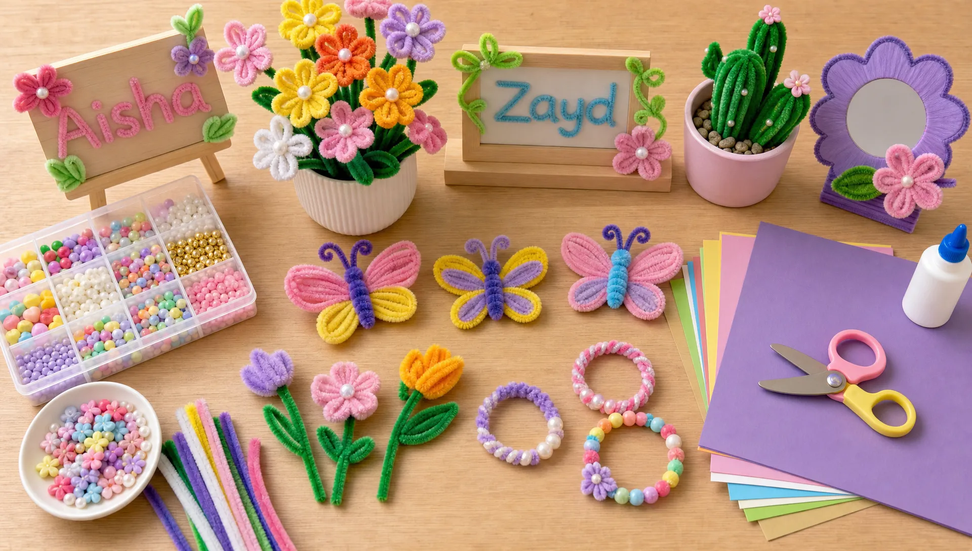 A neatly arranged craft table with pipe cleaner flowers, butterflies, bracelets, name signs and small DIY decor pieces beside child-safe scissors, paper, beads and glue, viewed from above with no people present.