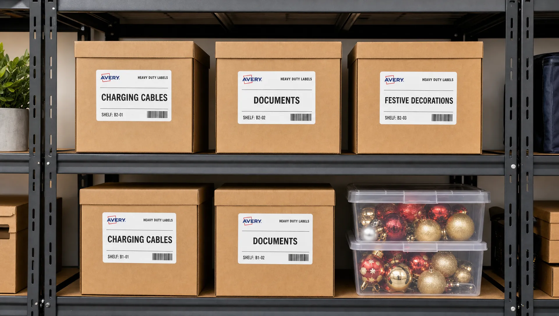 Front-facing Avery heavy duty labels identify boxes of charging cables, documents and festive decorations, with category names and shelf codes visible on the stacked boxes.