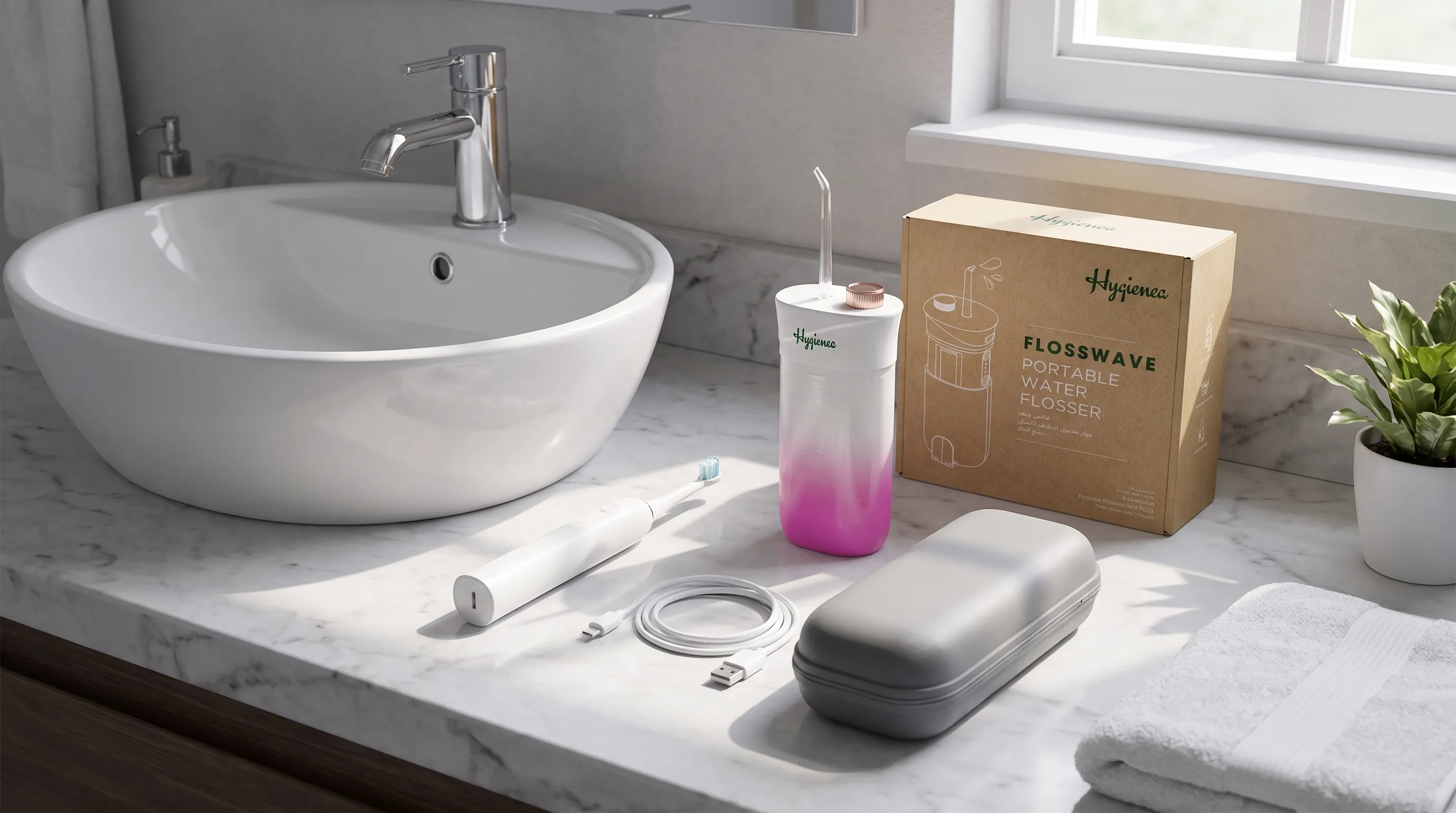 A powered toothbrush head, charging cable and travel case sit on a bathroom counter beside a sink.