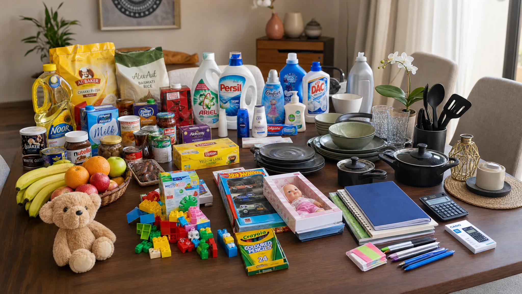 A UAE household shopping scene with groceries, kitchenware, stationery, toys, and home d&eacute;cor items arranged in separate groups on a dining table, showing the variety expected from an online department store.