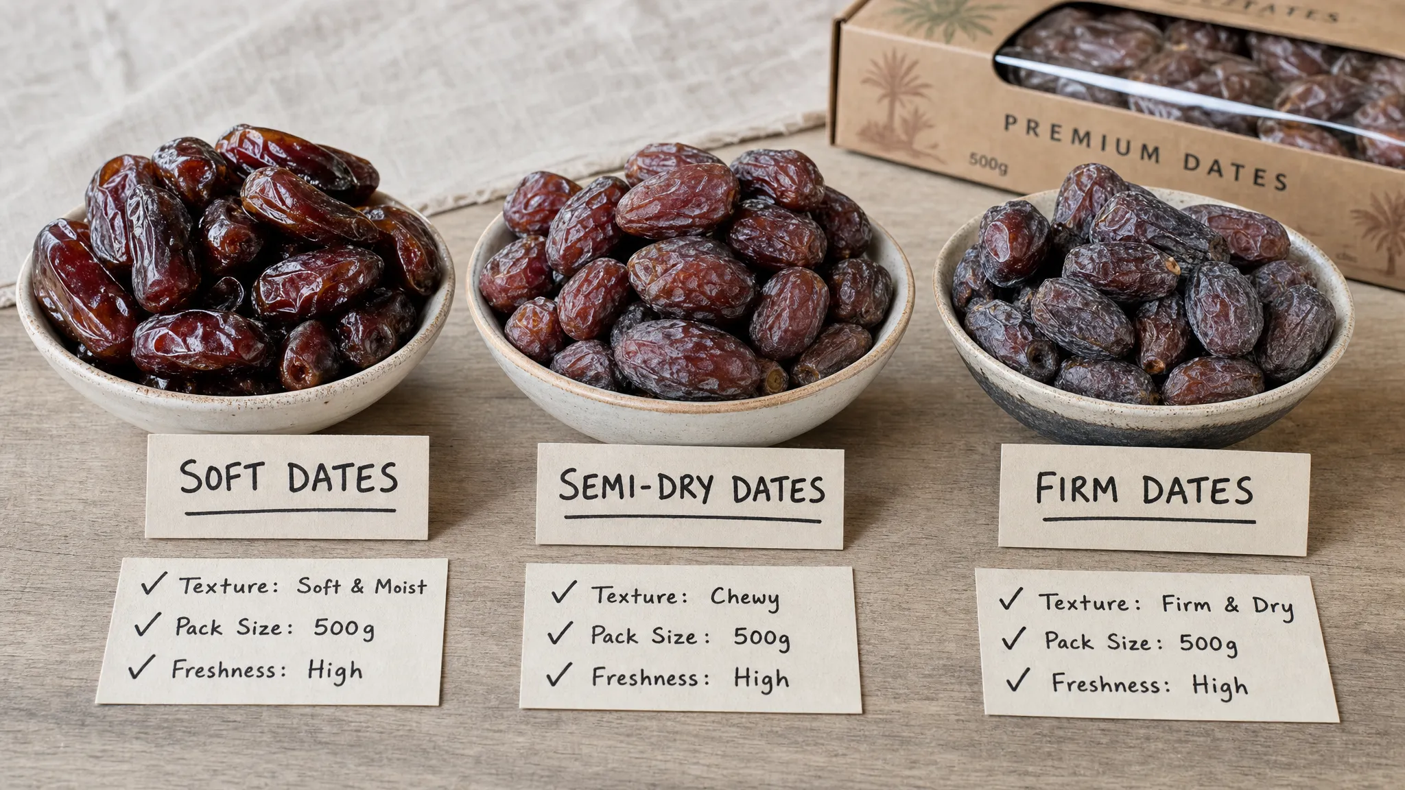 A close-up tabletop arrangement of fresh khajur in small bowls, with soft, semi-dry and firm dates grouped separately beside simple handwritten labels for texture, pack size and freshness checks.