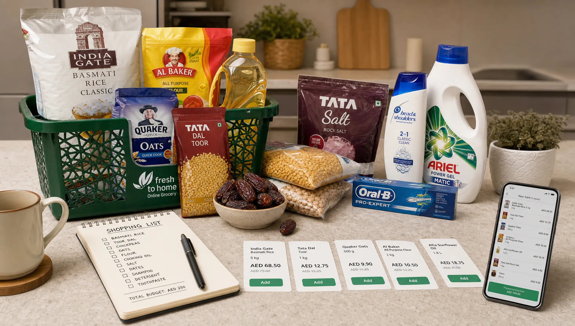 A neatly arranged online grocery basket on a kitchen counter, with pantry staples, dates, pulses, and household essentials grouped beside a shopping list and price tags for comparison before checkout.