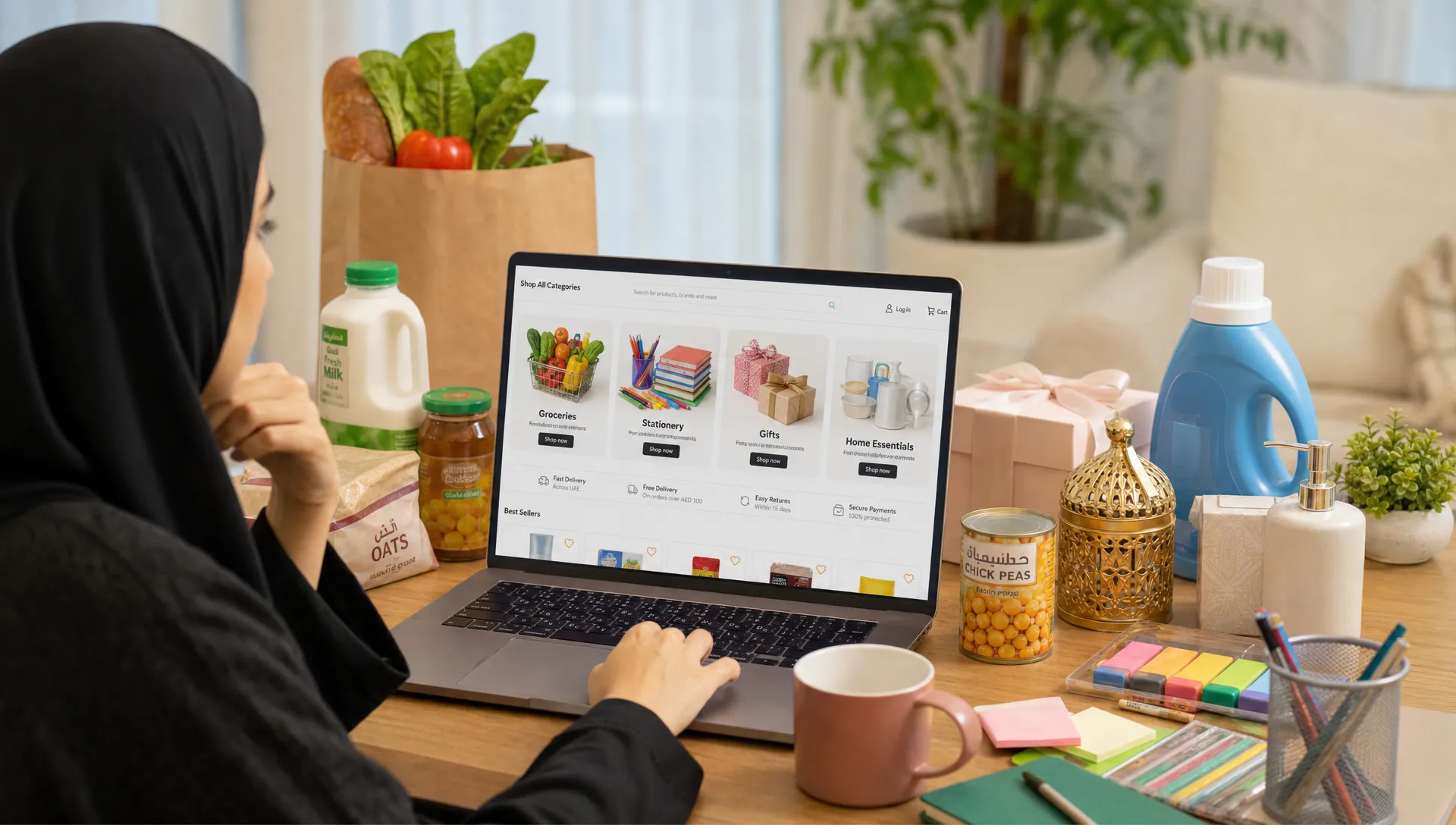 A UAE shopper comparing online shopping options at home, with neatly arranged groceries, stationery, gift items, and home essentials on a table beside a laptop screen facing the shopper.