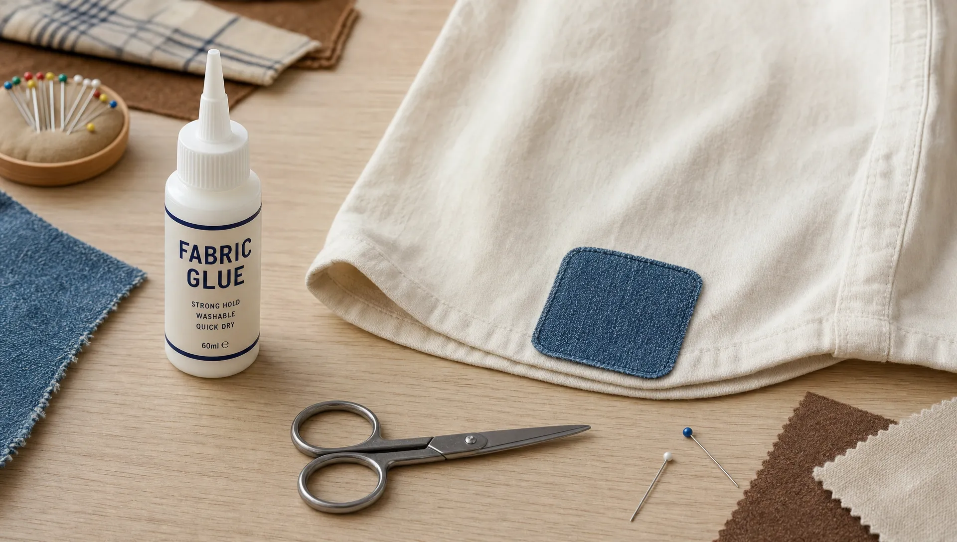 A fabric glue bottle beside a cotton shirt hem, a denim patch, small scissors, pins and cloth pieces on a table.