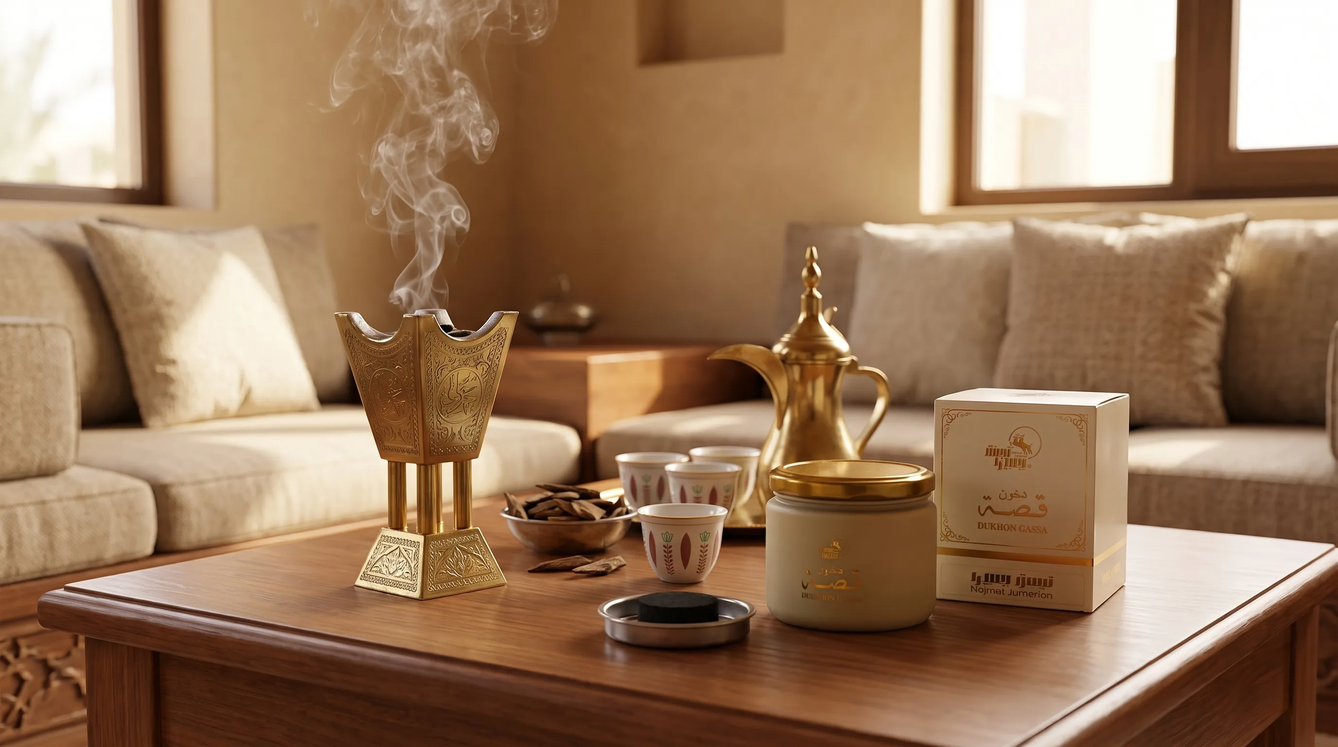 A close-up indoor scene of a brass mabkhara on a low wooden table with bakhoor smoke rising beside small bowls of oud chips and Arabic coffee cups, in a calm UAE living room.