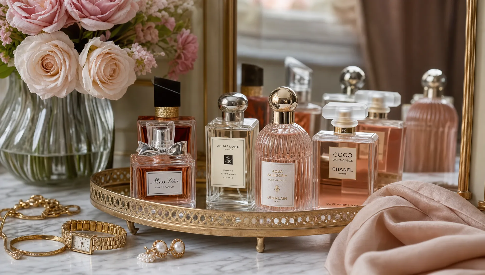 A close-up indoor scene of a vanity table with elegant perfume bottles, fresh flowers, jewelry, and soft fabric arranged around a mirror, suggesting a woman's fragrance selection for daily wear and special occasions.
