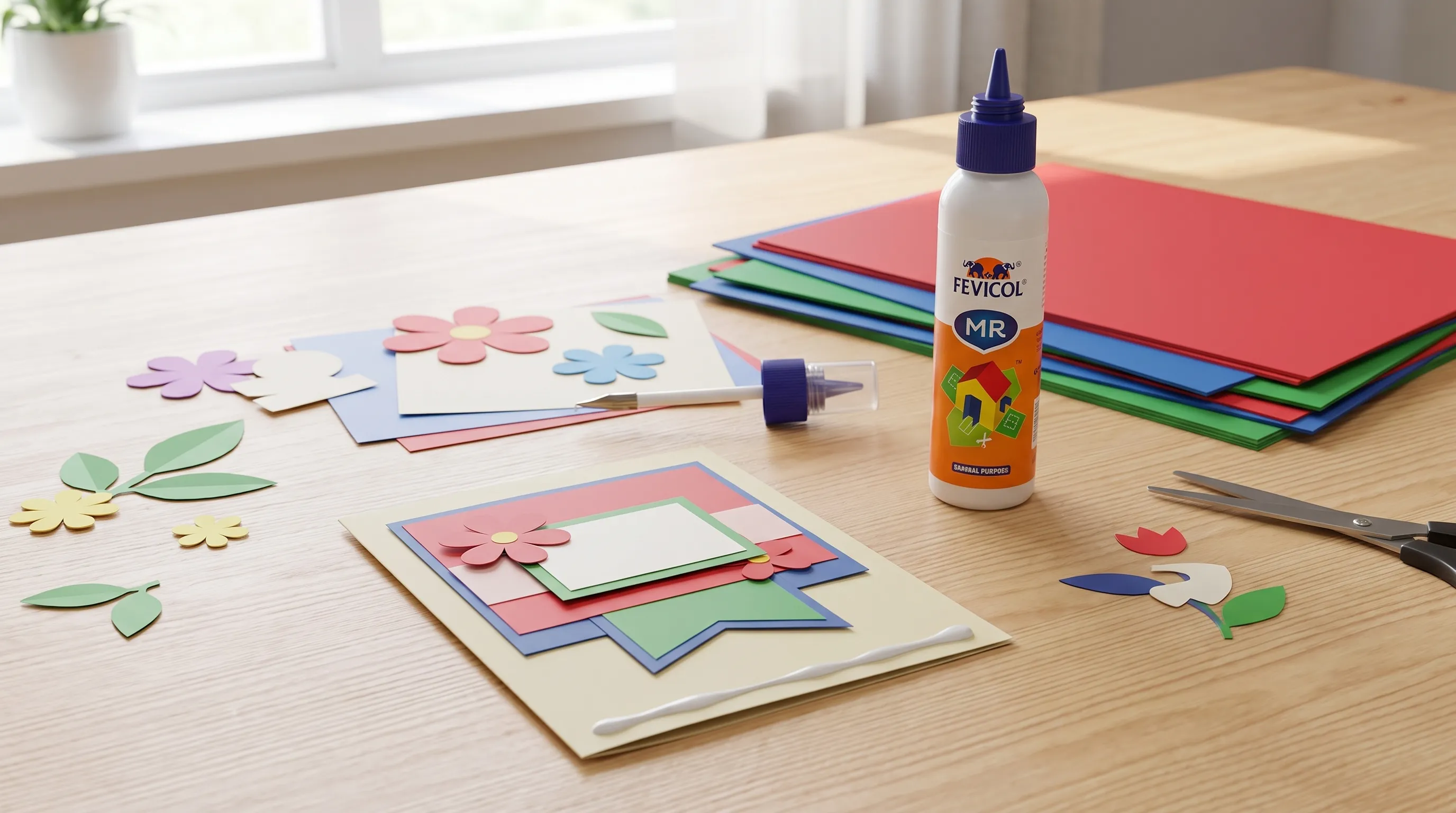 A tidy craft table holds cardstock, paper cutouts, a small glue applicator, and a finished handmade card with fresh glue along one edge.