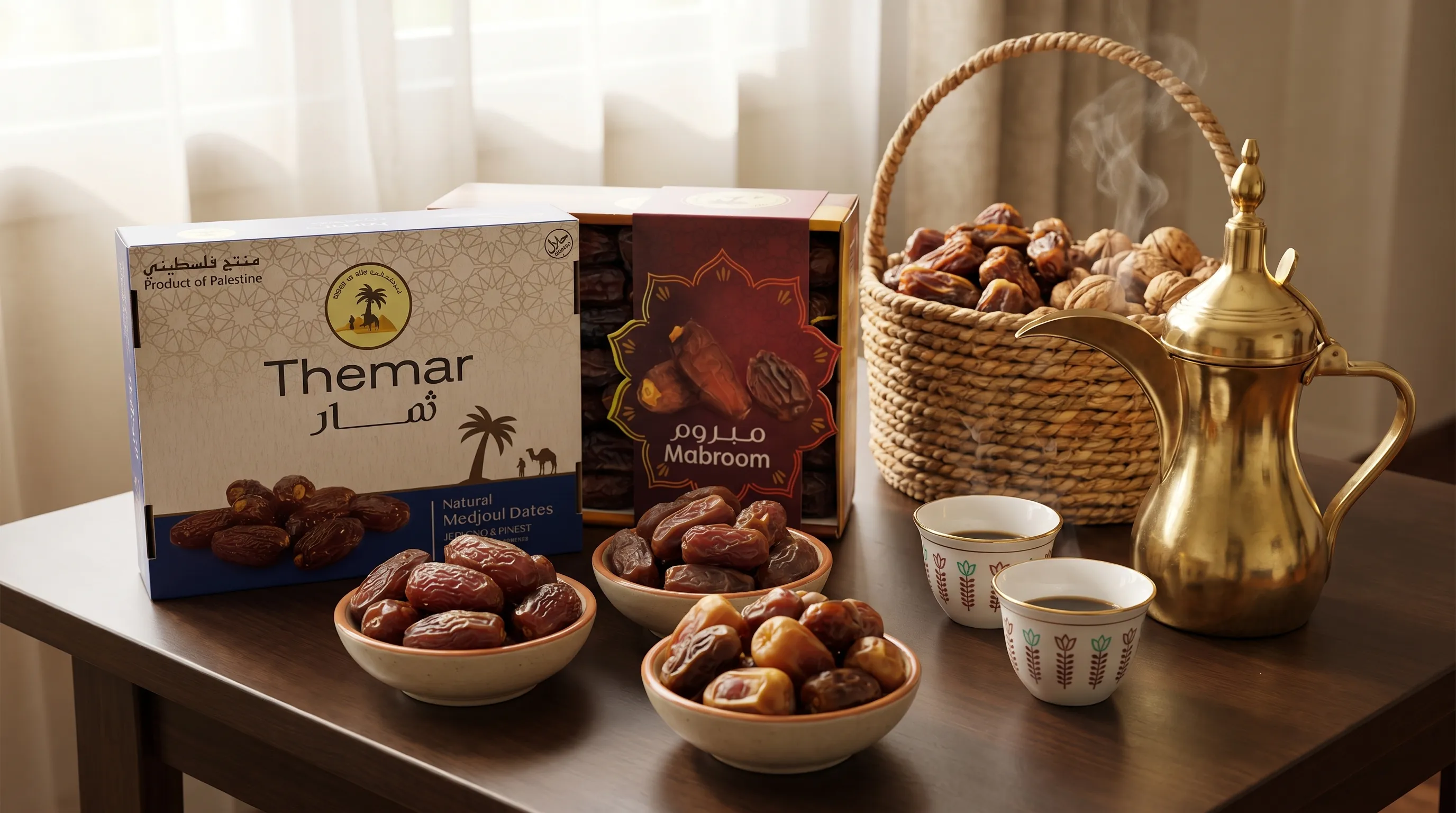 A close-up indoor scene of assorted dates including Medjool, Mabroom, Khudary, and Khudri arranged in small bowls beside cups of Arabic coffee, with a woven pantry basket just behind them on a side table.
