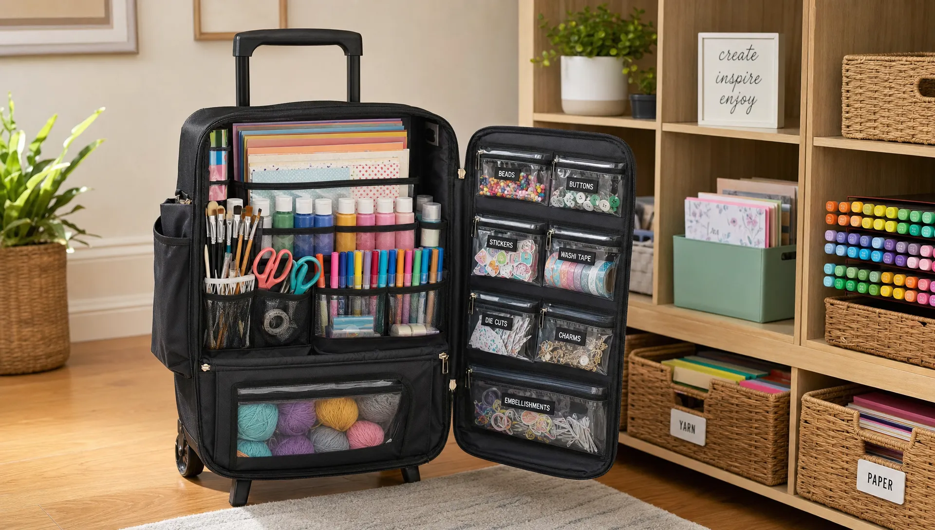 A neatly organized rolling craft bag standing open in a home craft corner beside a storage shelf, showing compartments filled with paper sheets, paint bottles, brushes, yarn, scissors, markers, and small labeled pouches.