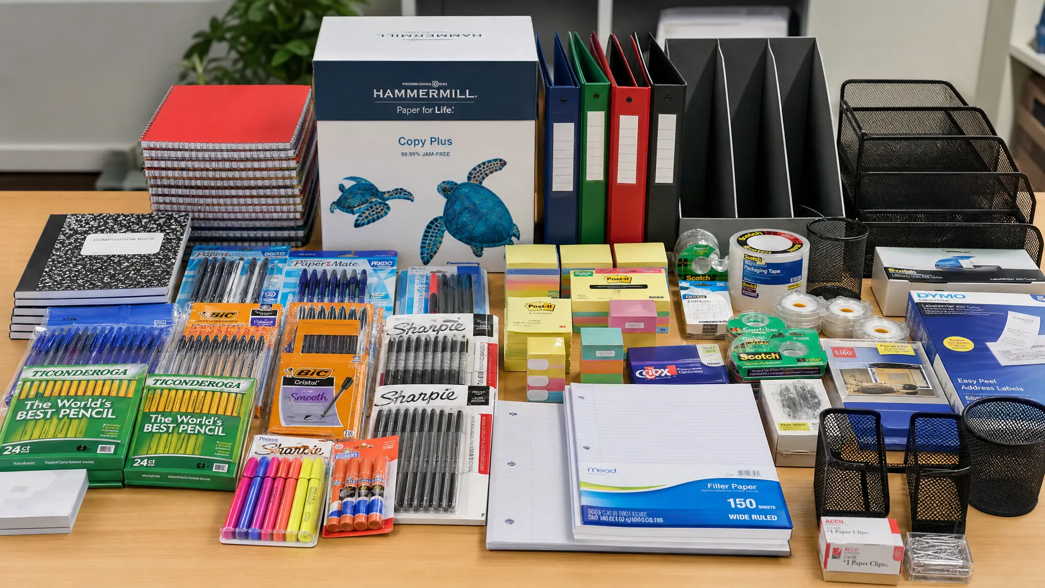 A neatly arranged bulk stationery order with notebooks, pens, pencils, folders, sticky notes, printer paper, tape, labels, and desk organisers placed on a clean table for school and office restocking.