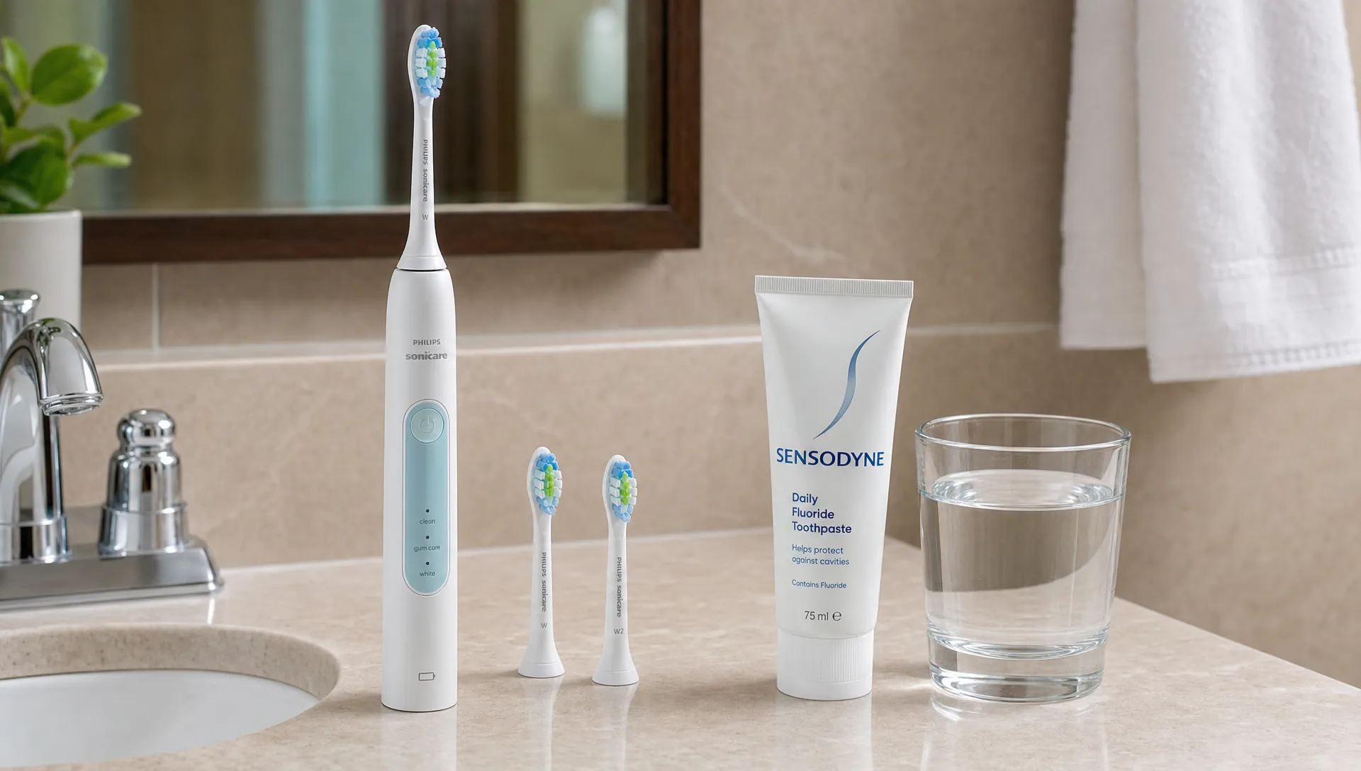A bathroom counter with a Sonicare toothbrush, soft replacement brush heads, fluoride toothpaste and a small glass of water arranged neatly for daily oral care.