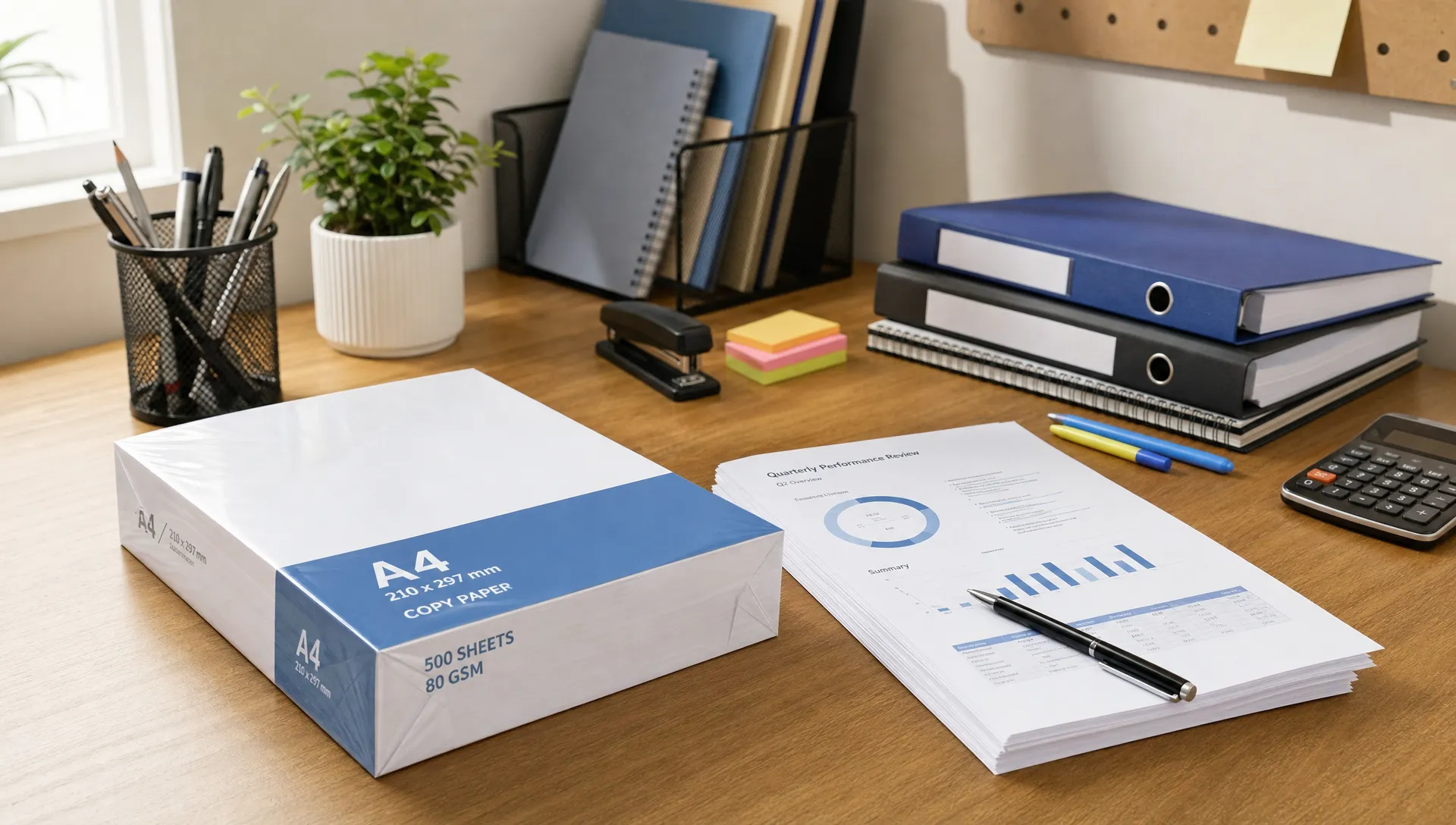 A neat home office desk shows a ream of white A4 copy paper beside printed documents, pens, folders and school stationery.