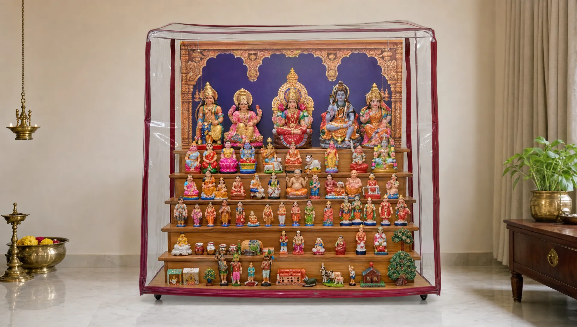 A five-step wooden golu stand displays Navarathri dolls beneath a fitted cover and separate backdrop, with clear space around the arrangement.