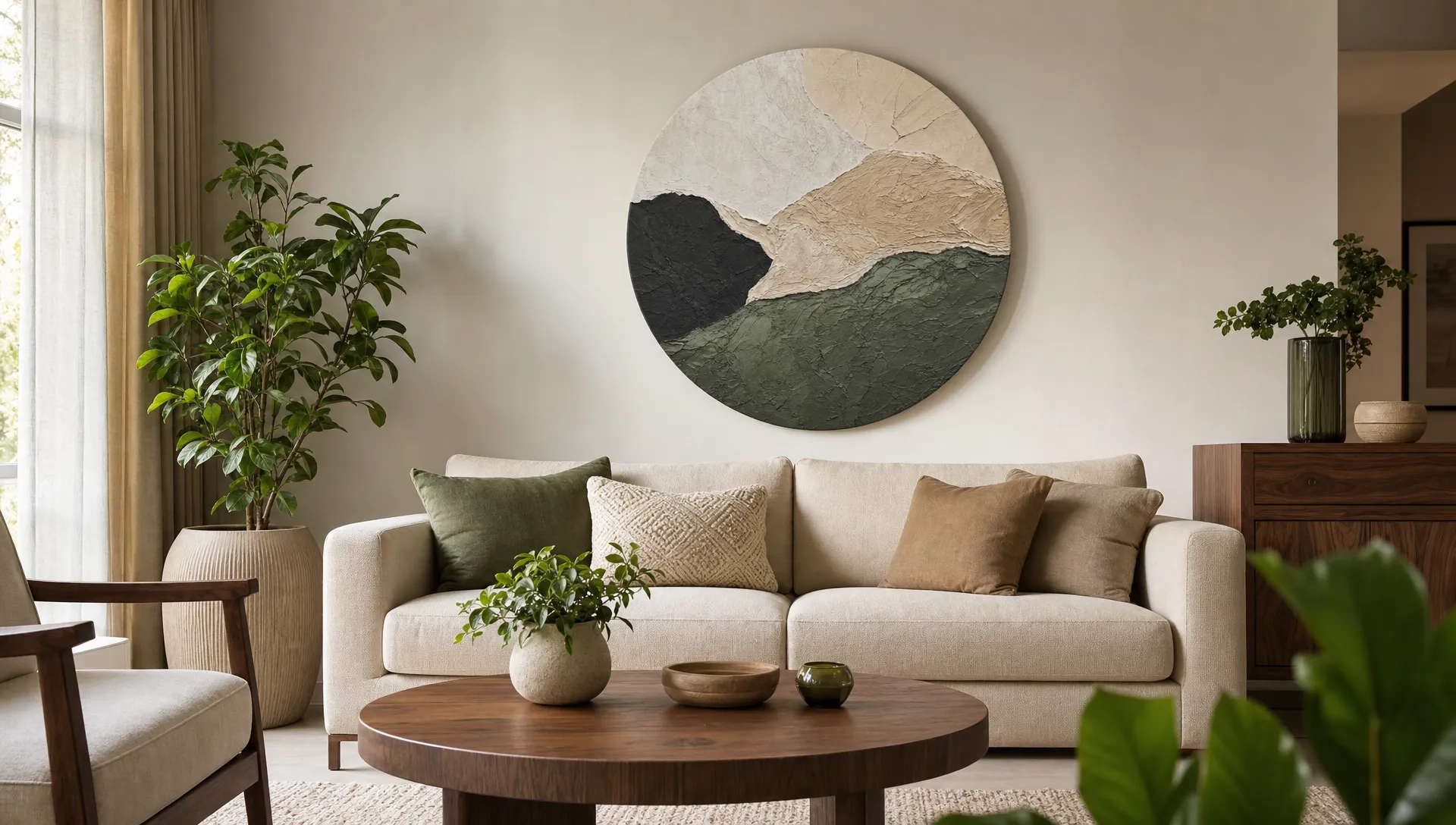 A medium indoor living room scene with a round canvas artwork above a neutral sofa, styled with cushions, a wooden coffee table, indoor plants, and soft natural light, viewed slightly from the side at eye level with no people present.
