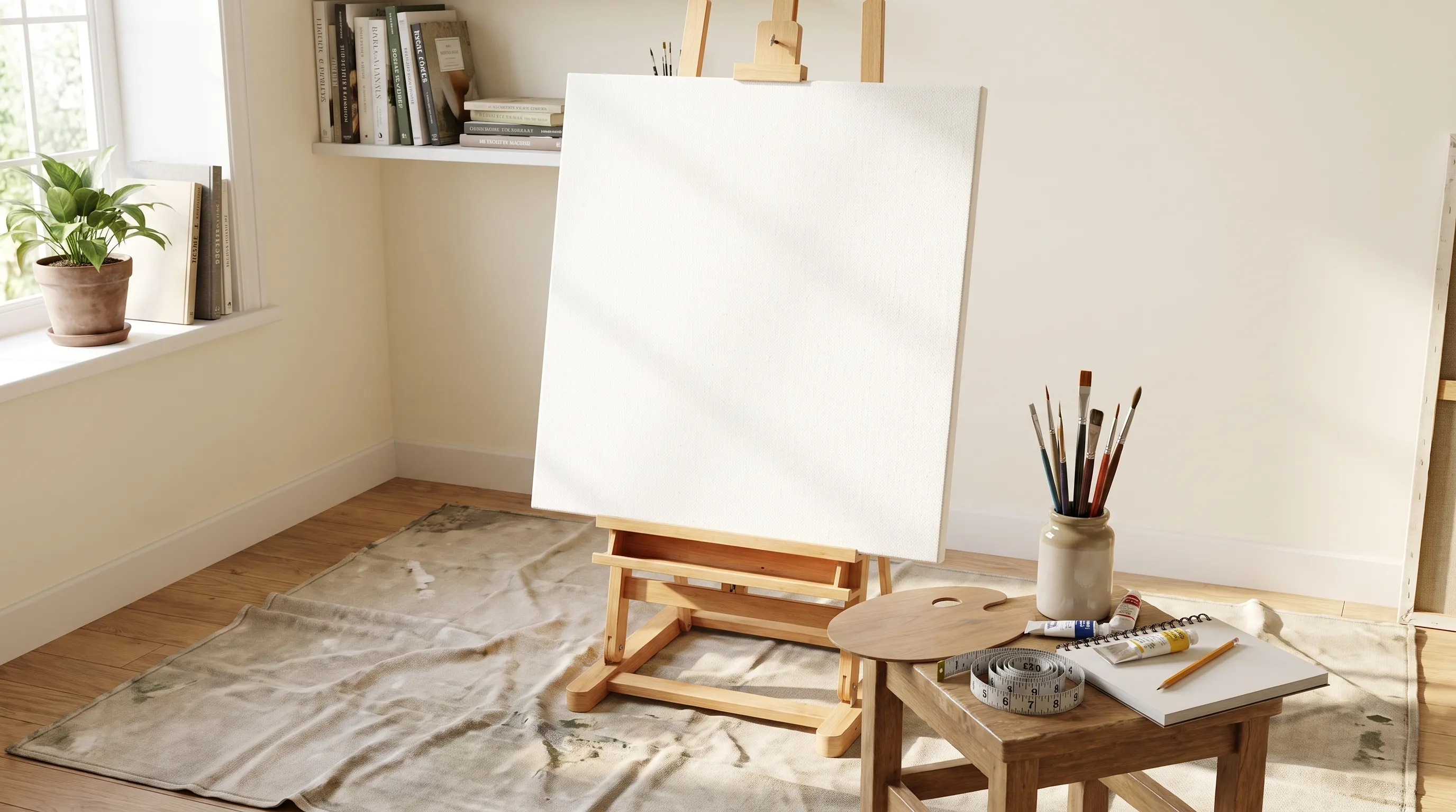 A bright home art corner with a large canvas upright near a protected floor area, with brushes and a measuring tape nearby for planning the painting.