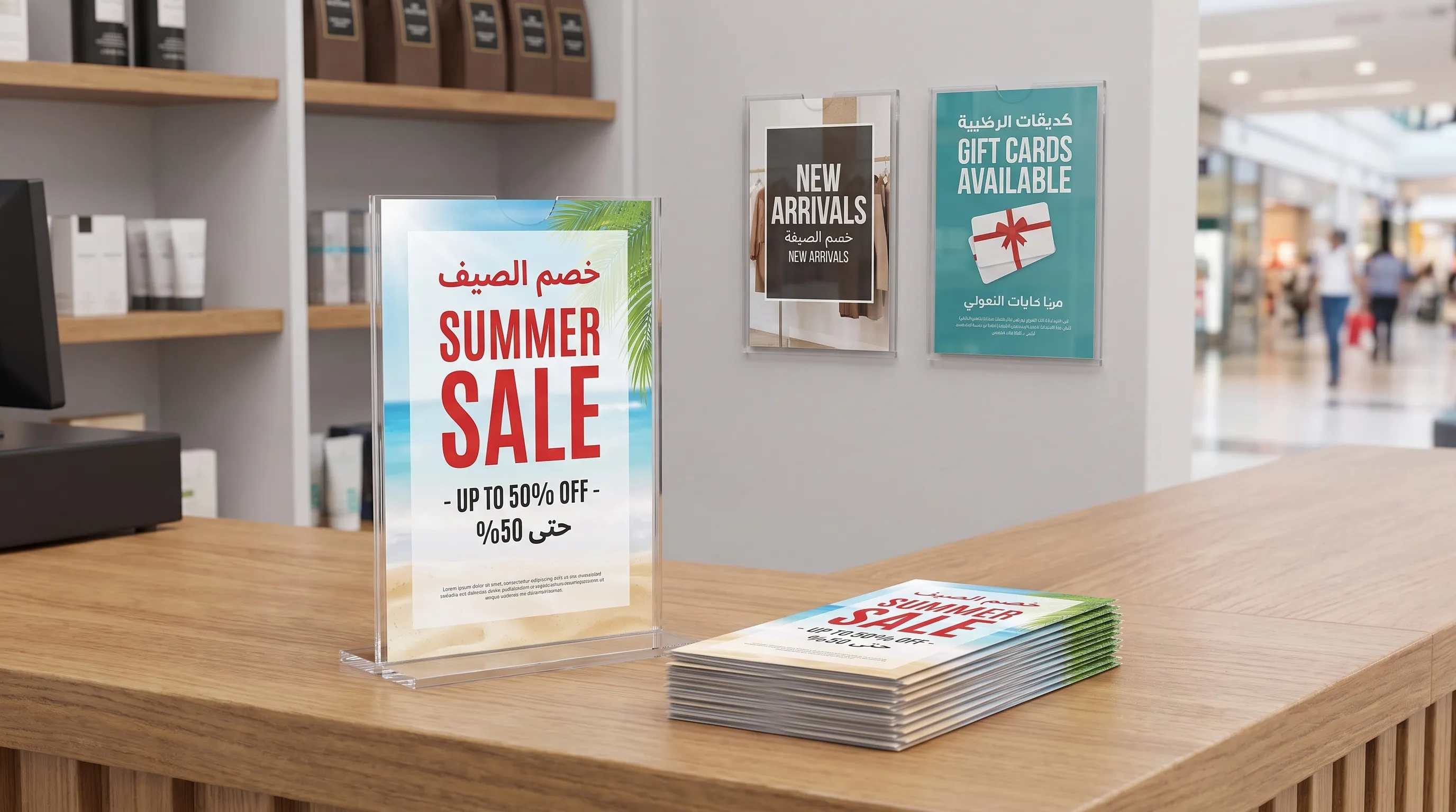 A clear A4 acrylic stand on a shop counter holding a promotional flyer, with neatly arranged brochures beside it and a wall-mounted A4 poster holder behind the counter.