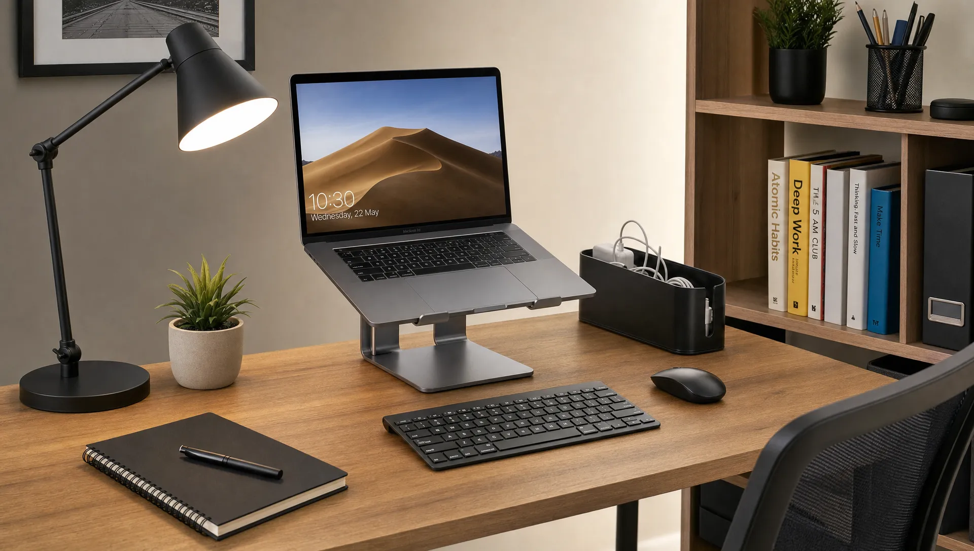 A tidy home office desk setup with a laptop on a stand, external keyboard, task lamp, notebook, cable organizer and a shelf with books and stationery.