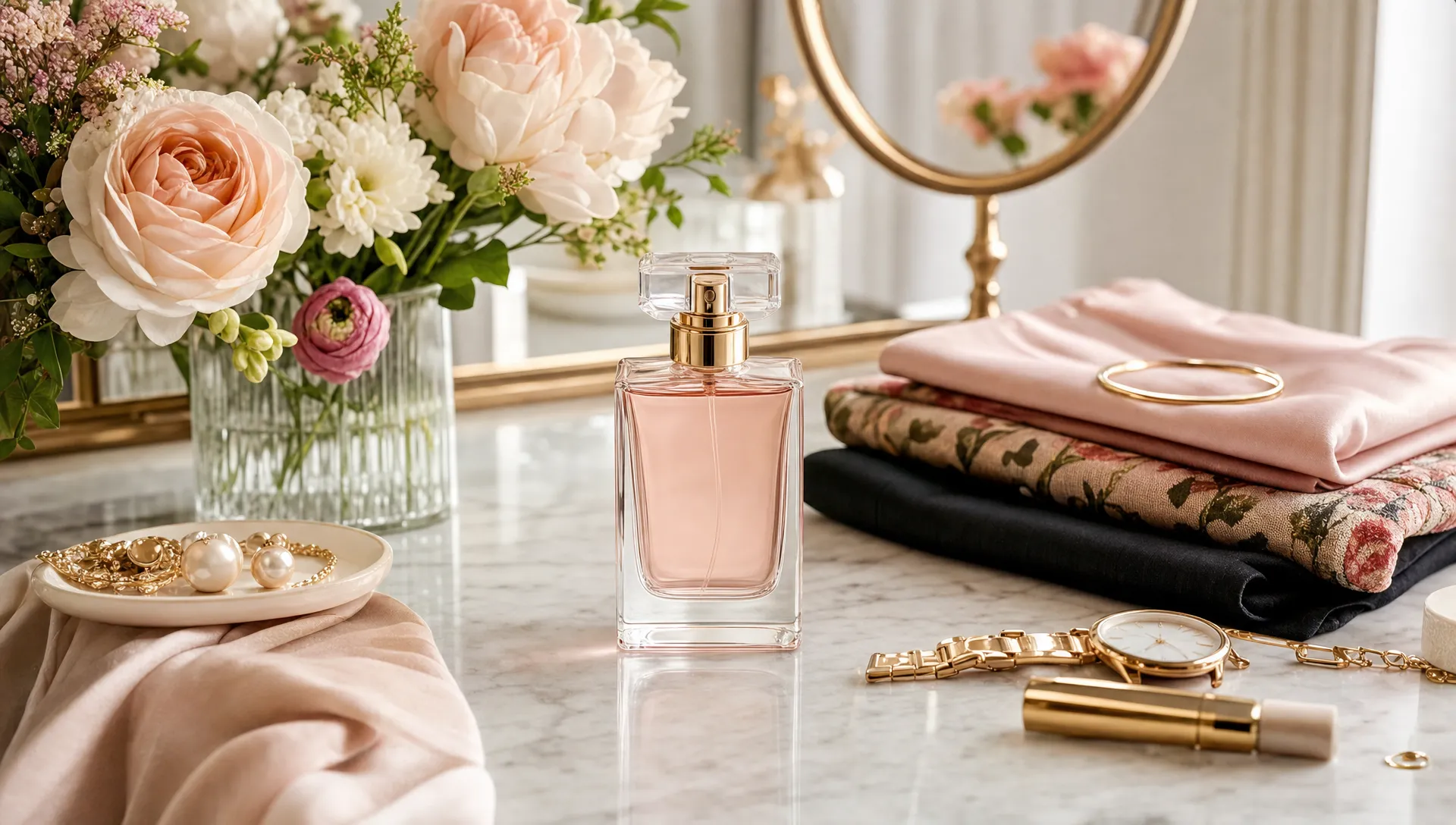A perfume bottle on a vanity table with fresh flowers, folded fabrics, and small personal accessories arranged to suggest fresh, elegant, bold, and romantic scent moods.