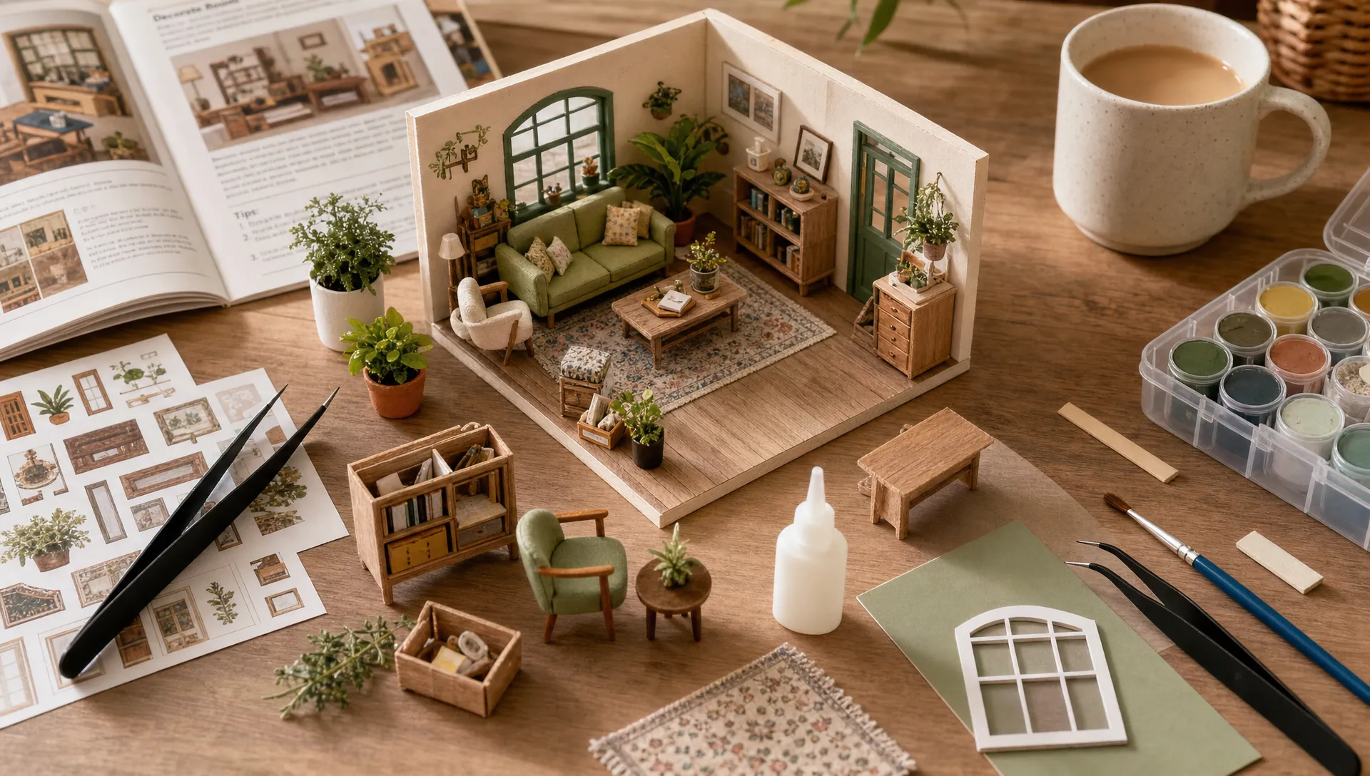 A close-up tabletop craft setup with tiny furniture pieces, miniature plants, paper cutouts, tweezers, glue, paint pots, and a partly assembled dollhouse room arranged neatly for a relaxing weekend project.