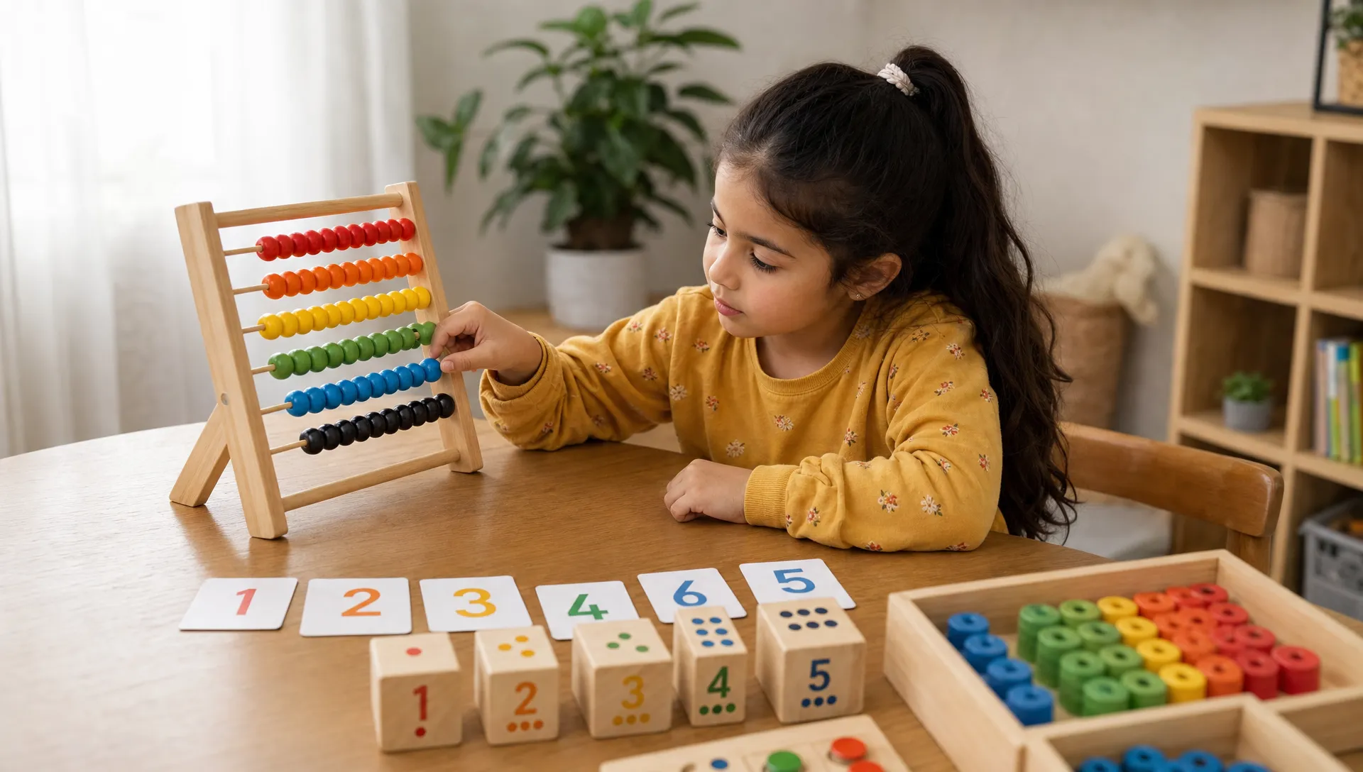 A child uses a wooden abacus at the table with counting blocks and number cards nearby.