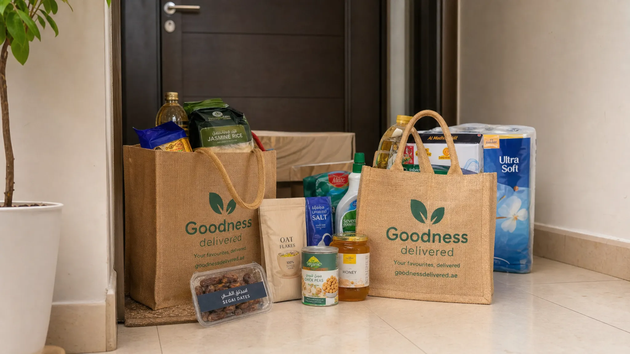 Reusable grocery bags filled with dates, pantry staples, and household essentials arranged neatly by an apartment doorway for delivery in the UAE.