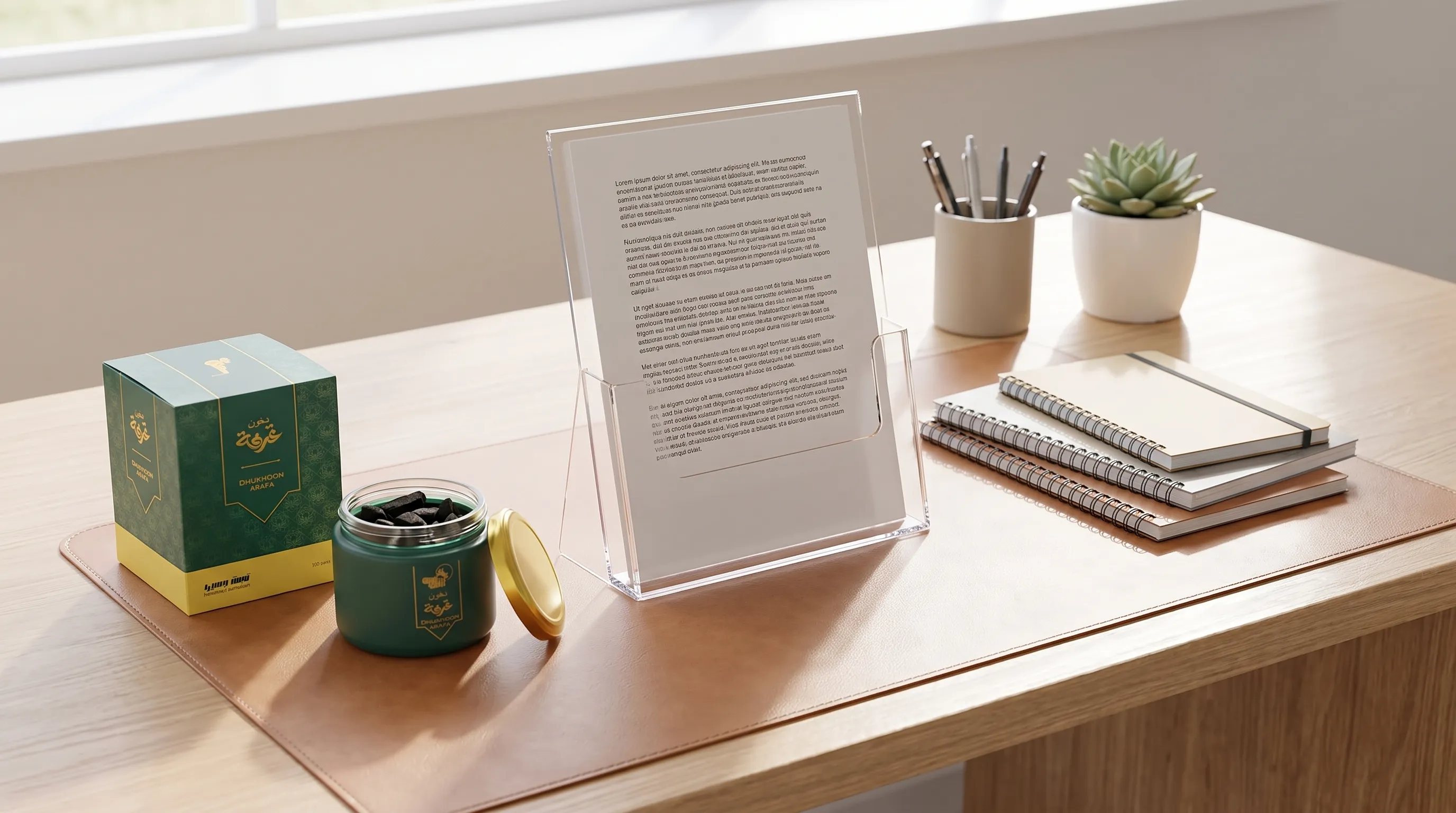A clear A4 perspex document holder displays a printed sheet beside notebooks, pens and a small plant on a tidy office desk.