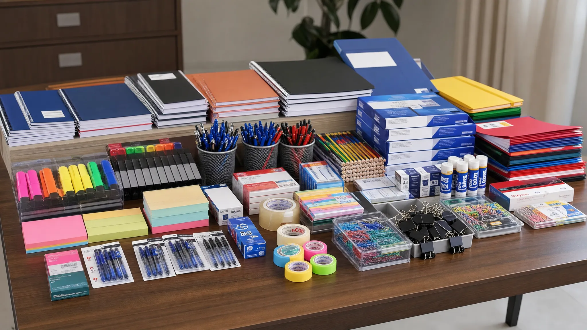 A neatly arranged bulk stationery order on a table with notebooks, pens, pencils, folders, sticky notes, markers, paper packs, tape, and clips grouped by category for easy planning, viewed from a slightly low angle in a clean indoor setting.