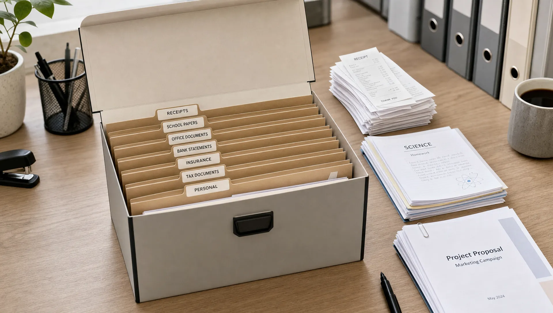 A tidy desk with an open classification folder, labelled dividers, and neatly stacked receipts, school papers, and office documents ready for filing.