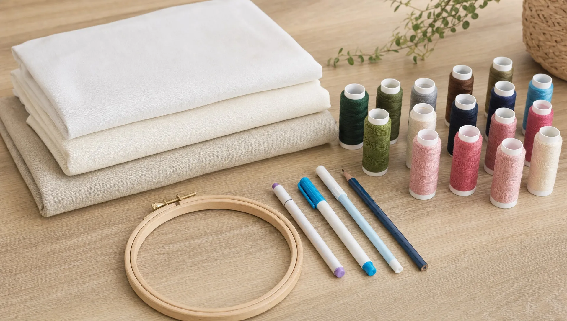 A craft table with folded embroidery blanks, thread spools, a hoop and marking pens arranged beside them.