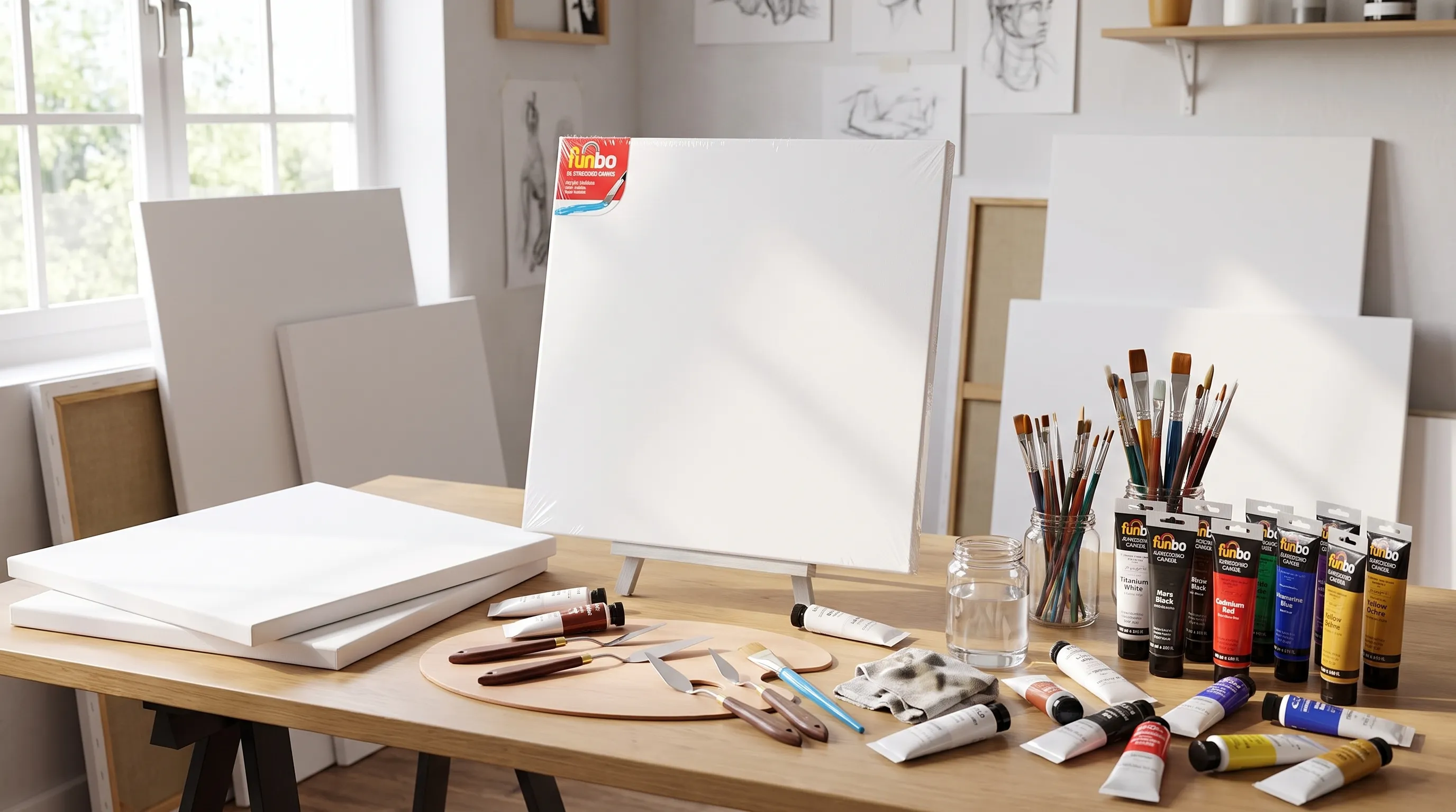 A bright art workspace with several blank square canvases in different sizes, acrylic paints, palette knives, and brushes arranged neatly on a table, suggesting preparation for different painting styles.