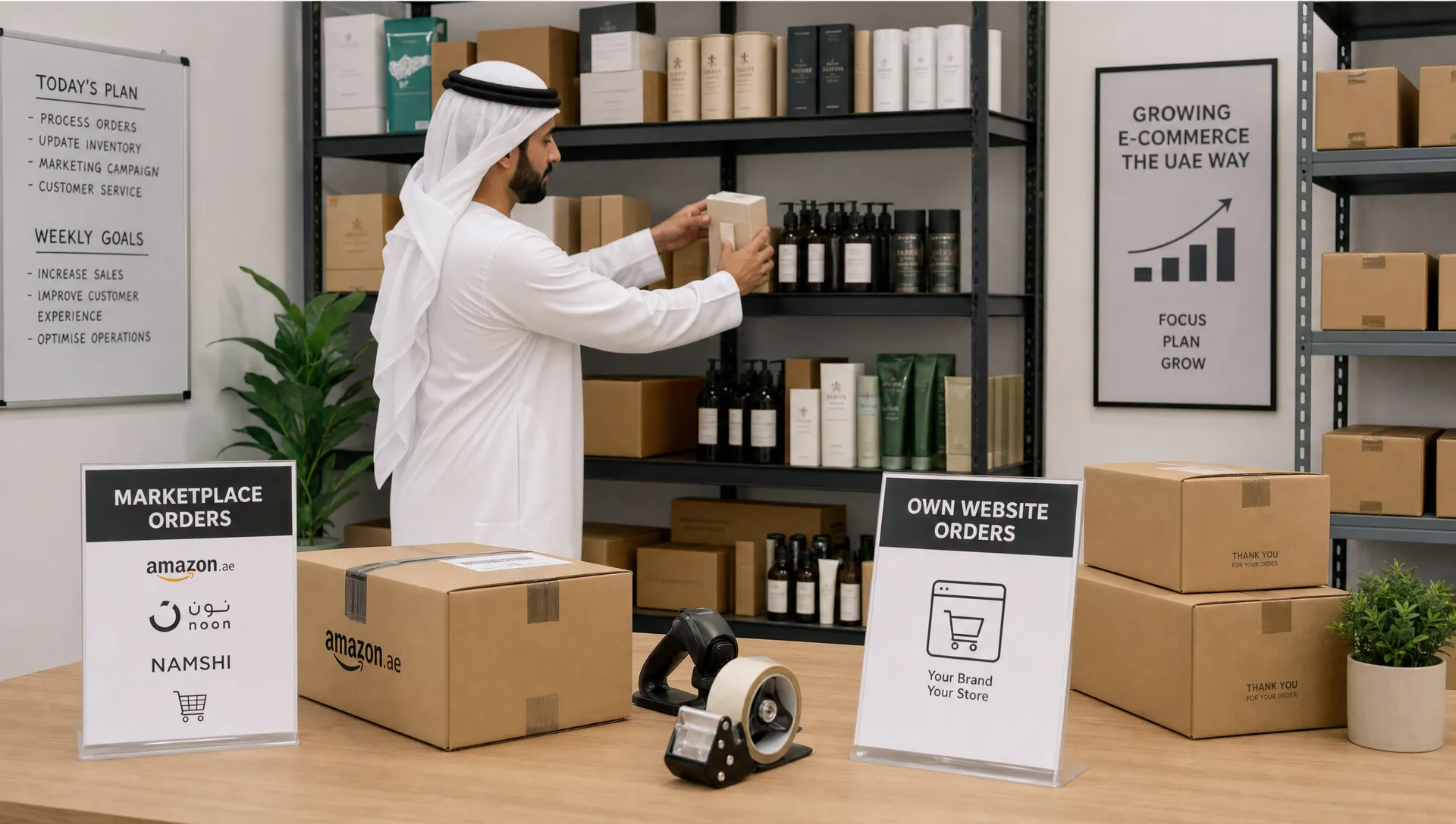 A UAE retail business owner placing packaged products onto shelves, with two clearly marked fulfilment zones for marketplace orders and own website orders, showing a balanced ecommerce growth strategy.