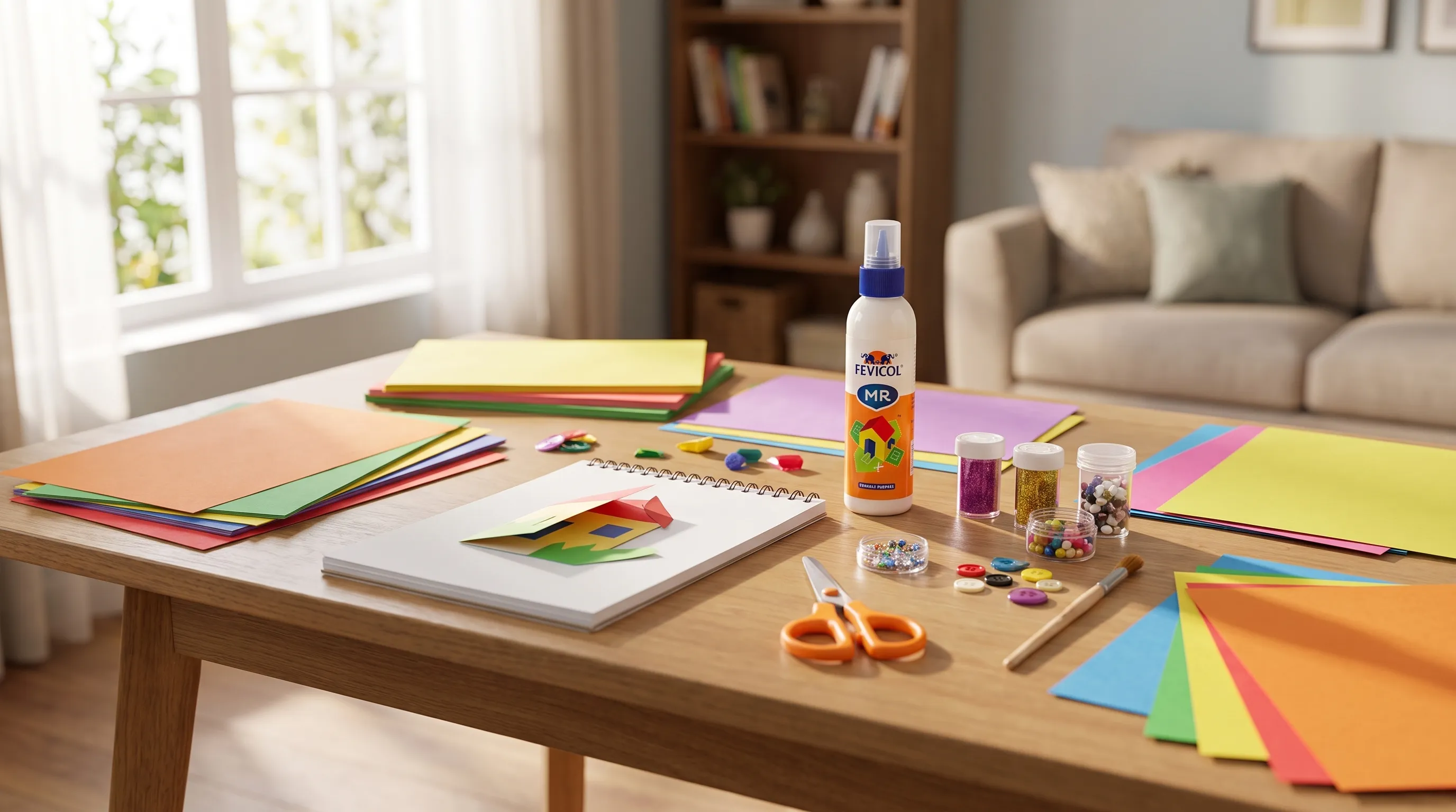 A neatly arranged craft table with coloured paper, sketch pads, scissors, small decorative materials, and a bottle of white glue ready for a family art project, viewed from a slightly elevated angle in a bright home setting with no people present.