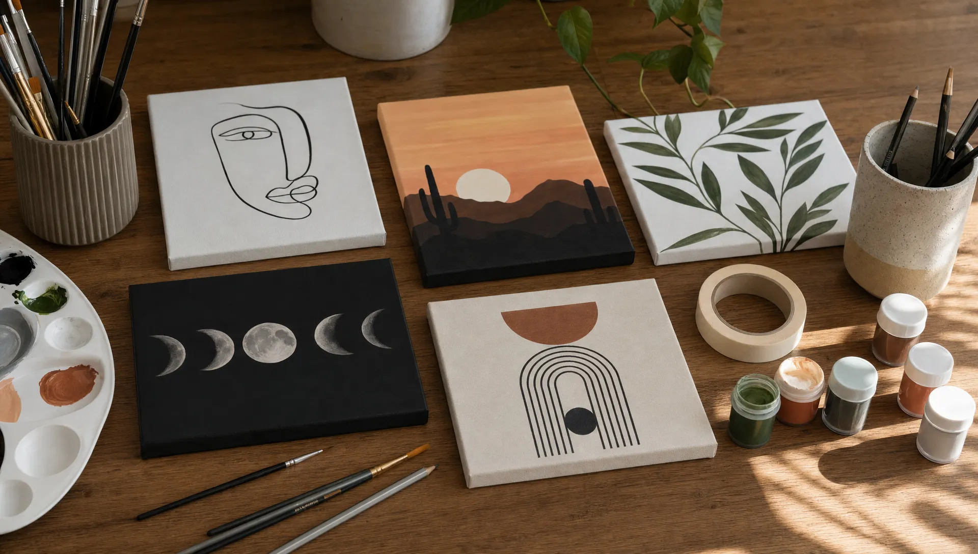 A home table with several small canvases showing beginner drawings, including a line art face, desert sunset silhouette, leafy pattern, moon phases, and geometric arches. Pencils, paintbrushes, paint pots, and masking tape are arranged around the canvases.