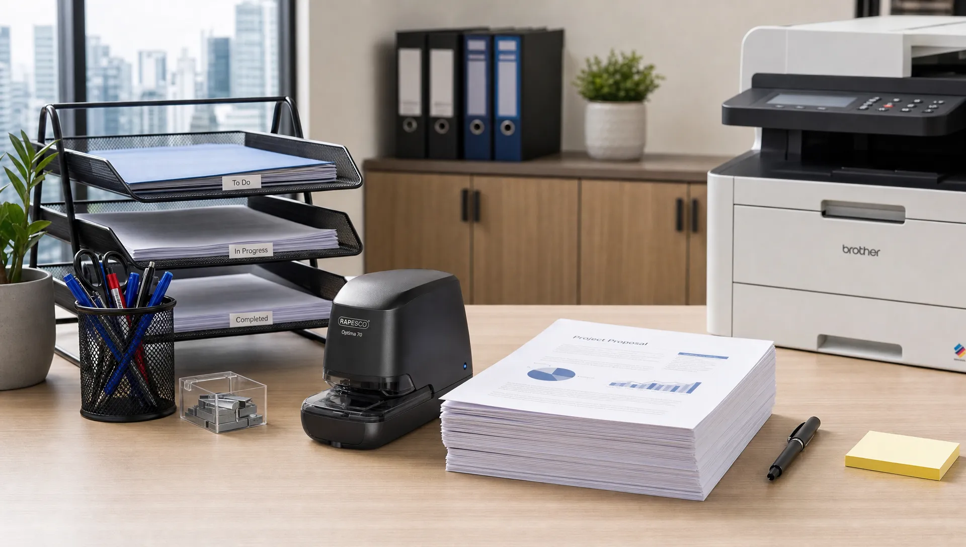 A neat office supply station with an electric stapler beside stacked A4 documents, file trays, pens and a printer on a spacious desk.