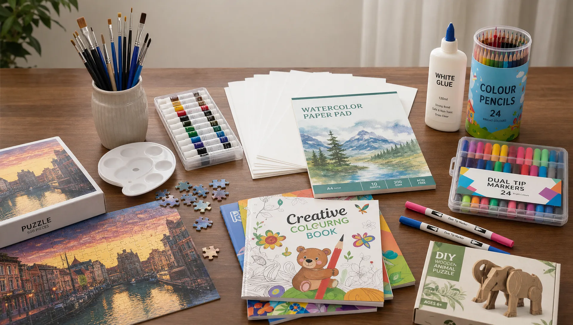 A neat tabletop arrangement of art brushes, paper sheets, markers, puzzle pieces, glue, and activity kits, organized for an at-home creative project.