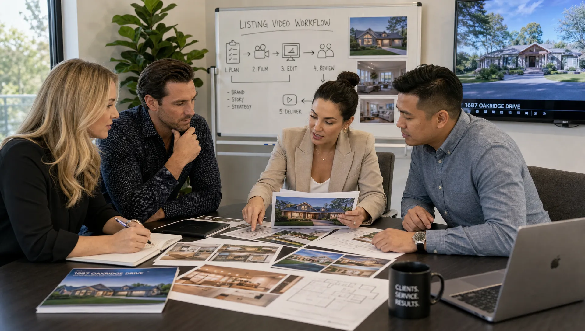 Une équipe d’agence immobilière examine des documents d’annonces imprimés, des photos de biens et un tableau de processus vidéo autour d’une table de réunion.