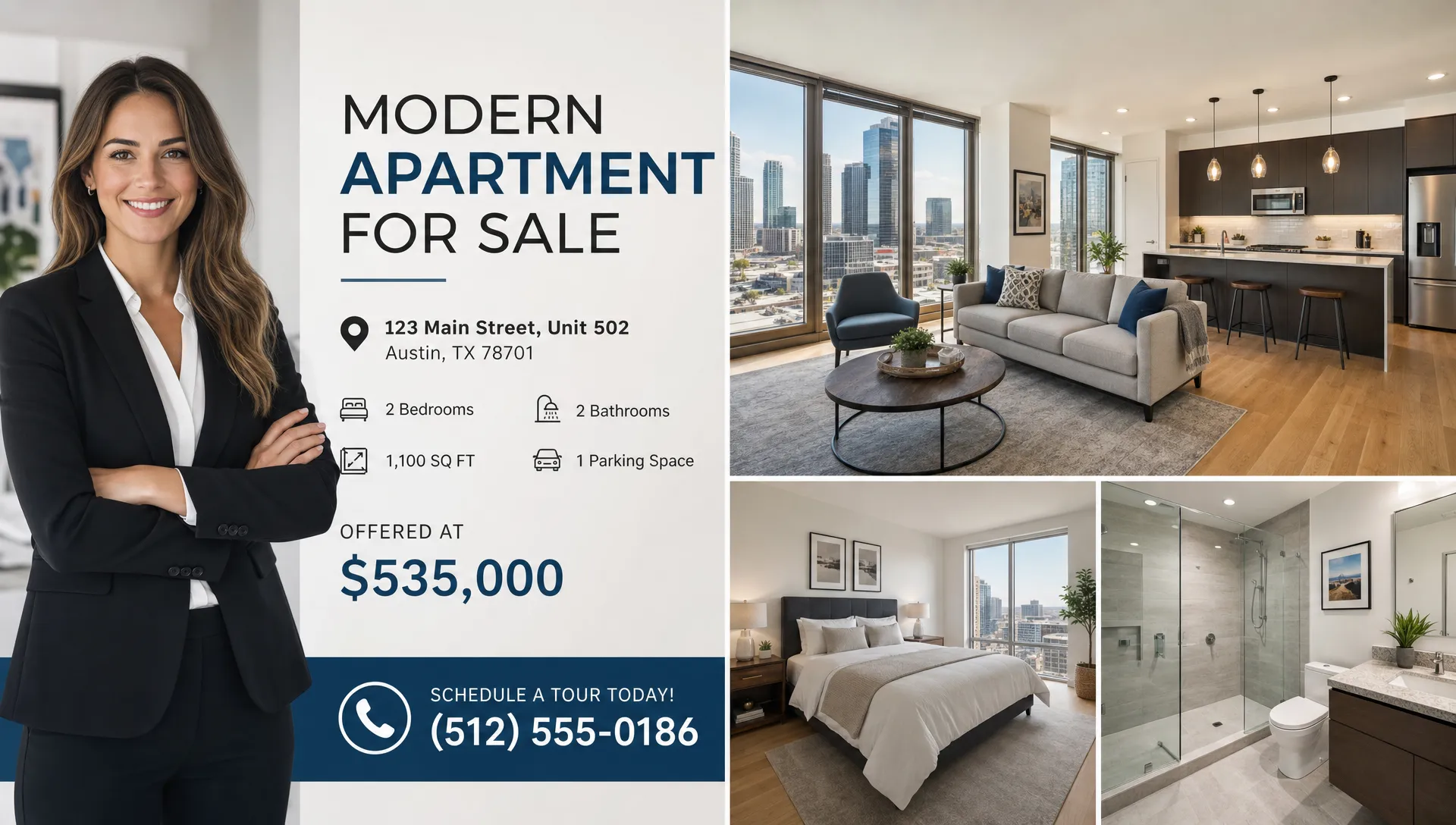 A real estate avatar presents a modern apartment listing beside property photos and a short call to action.