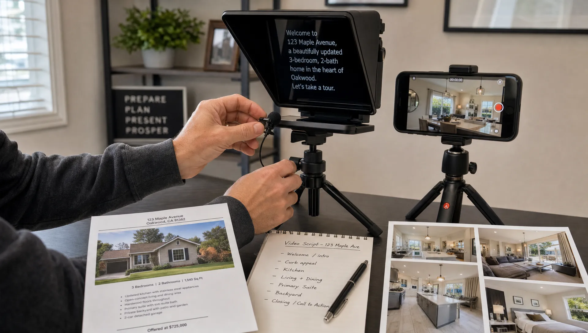 Landscape close-up of an agent's hands adjusting a microphone and teleprompter setup beside a smartphone facing the camera, with a printed listing sheet, script notes, and room photos spread across a clean table in a small home office; the frame focuses on the practical tools used to record a guided property video.