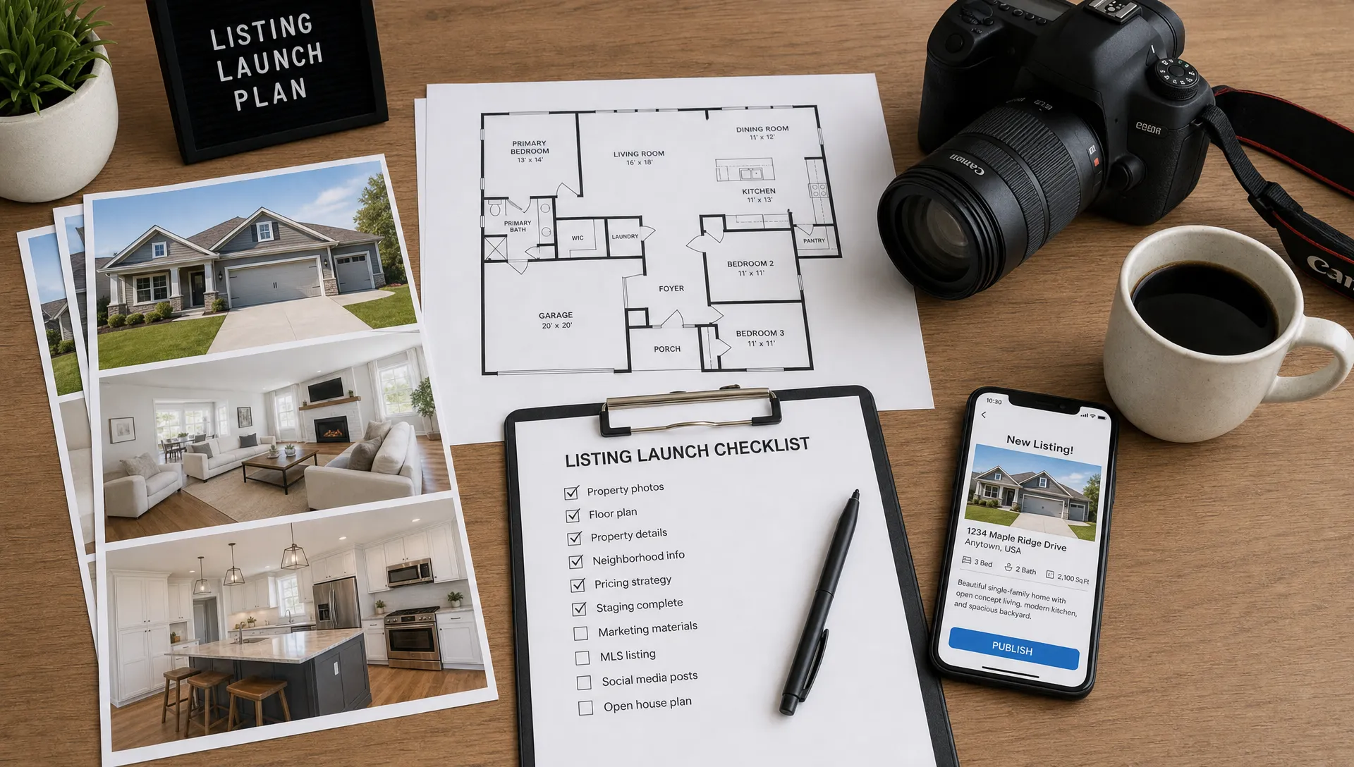 Un espace de travail ordonné pour le lancement d’une annonce immobilière, avec des photos imprimées du bien, un plan, une checklist, un appareil photo et un smartphone prêts pour la publication.