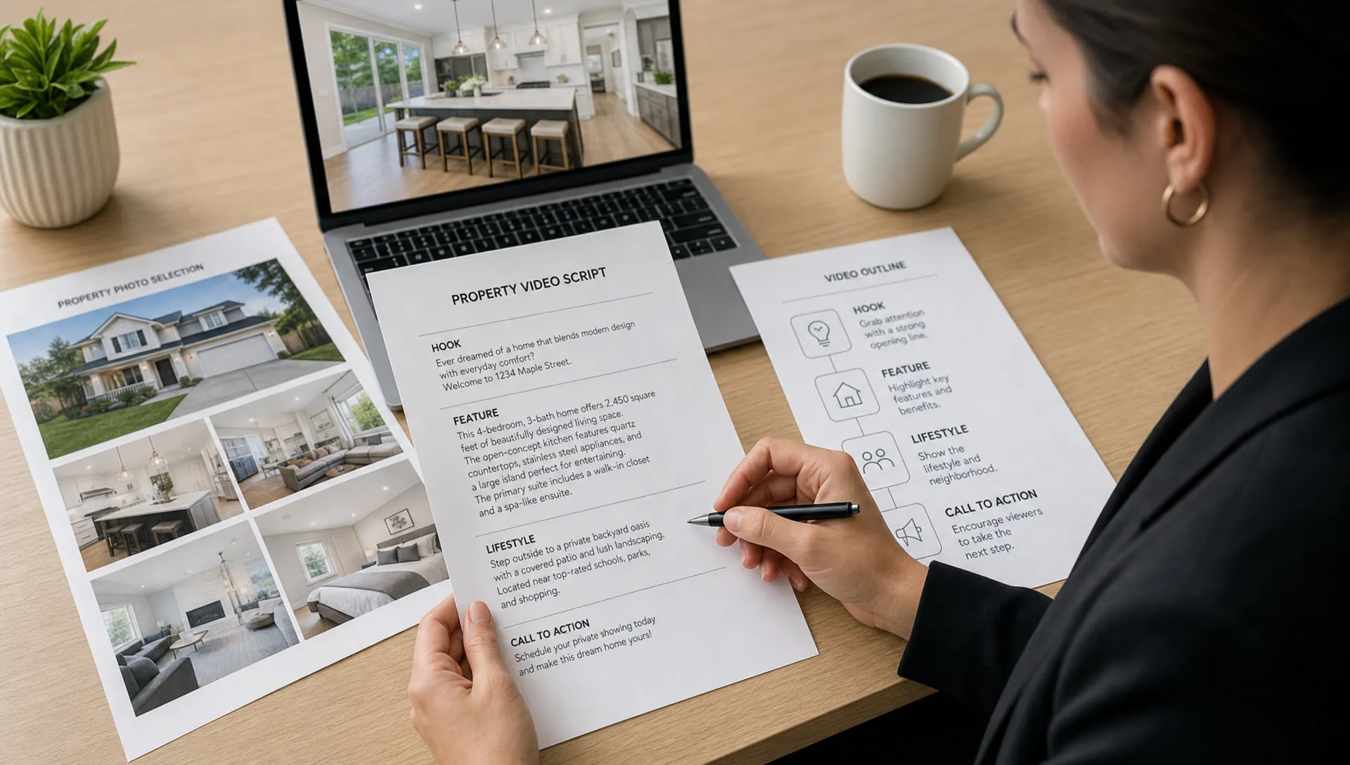 An agent reviews a property video script beside printed listing photos and a short outline with hook, feature, lifestyle, and call to action sections.