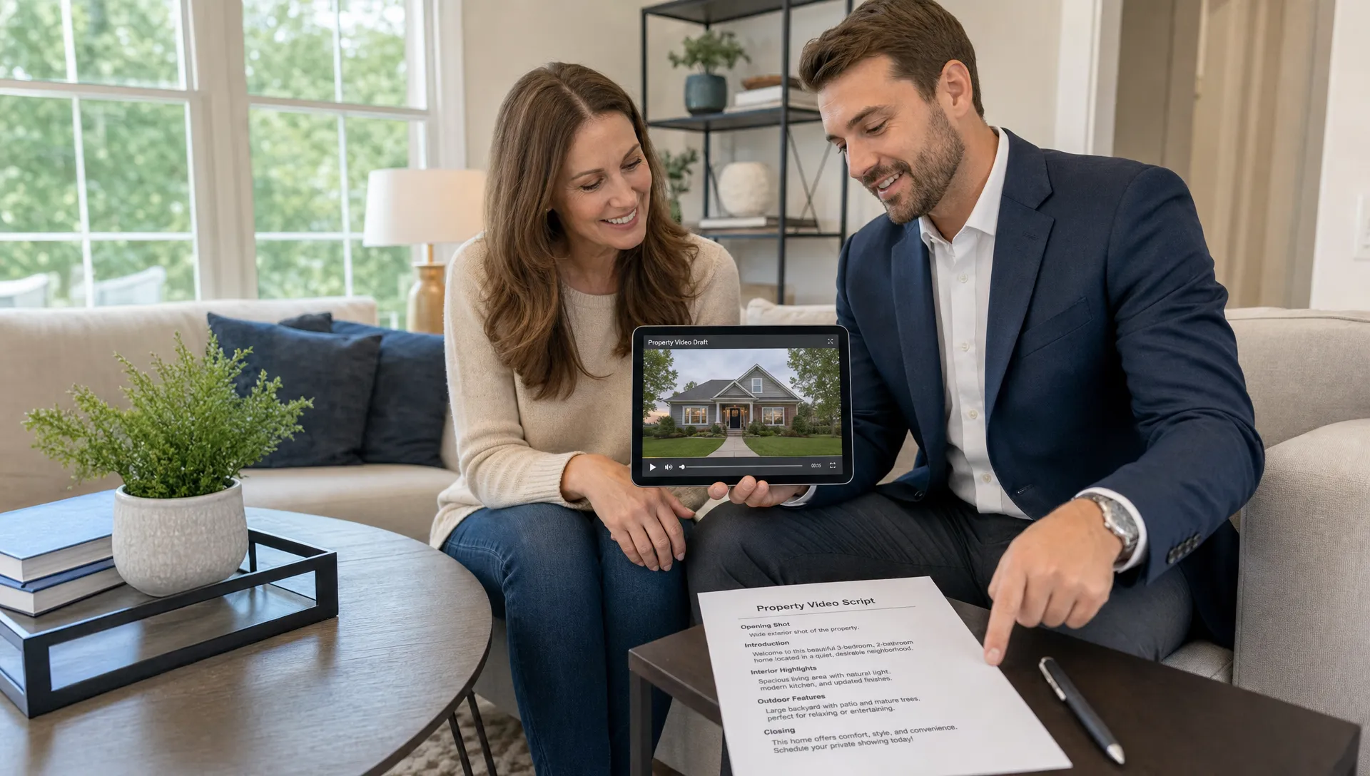 Landscape medium scene in a bright living room where an agent stands beside a homeowner, both looking at a tablet facing the camera that shows a property video draft, while the agent gestures toward a printed script page on a side table and the room’s windows and furniture provide the setting.