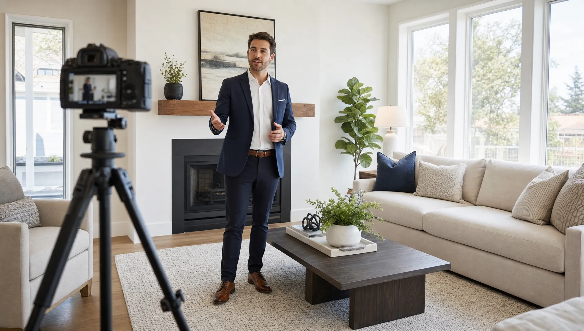 Un agent immobilier filme une visite de bien dans un séjour lumineux et aménagé, avec une caméra sur trépied et de grandes fenêtres.